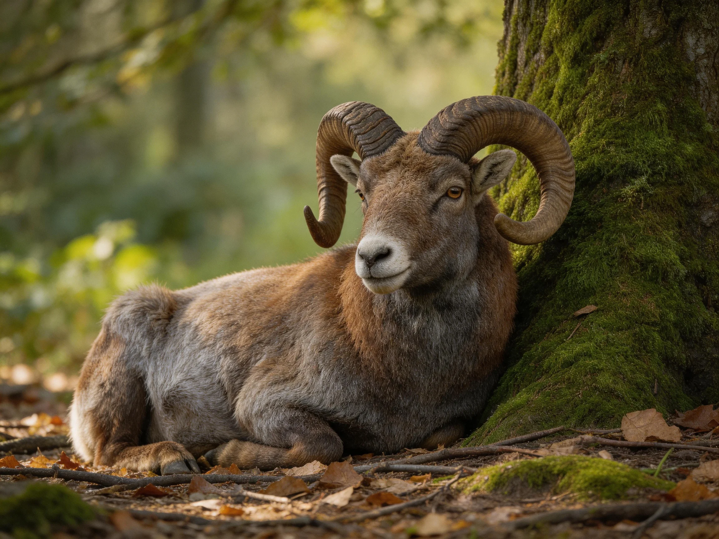 A horned ram rests beside a moss-covered tree trunk