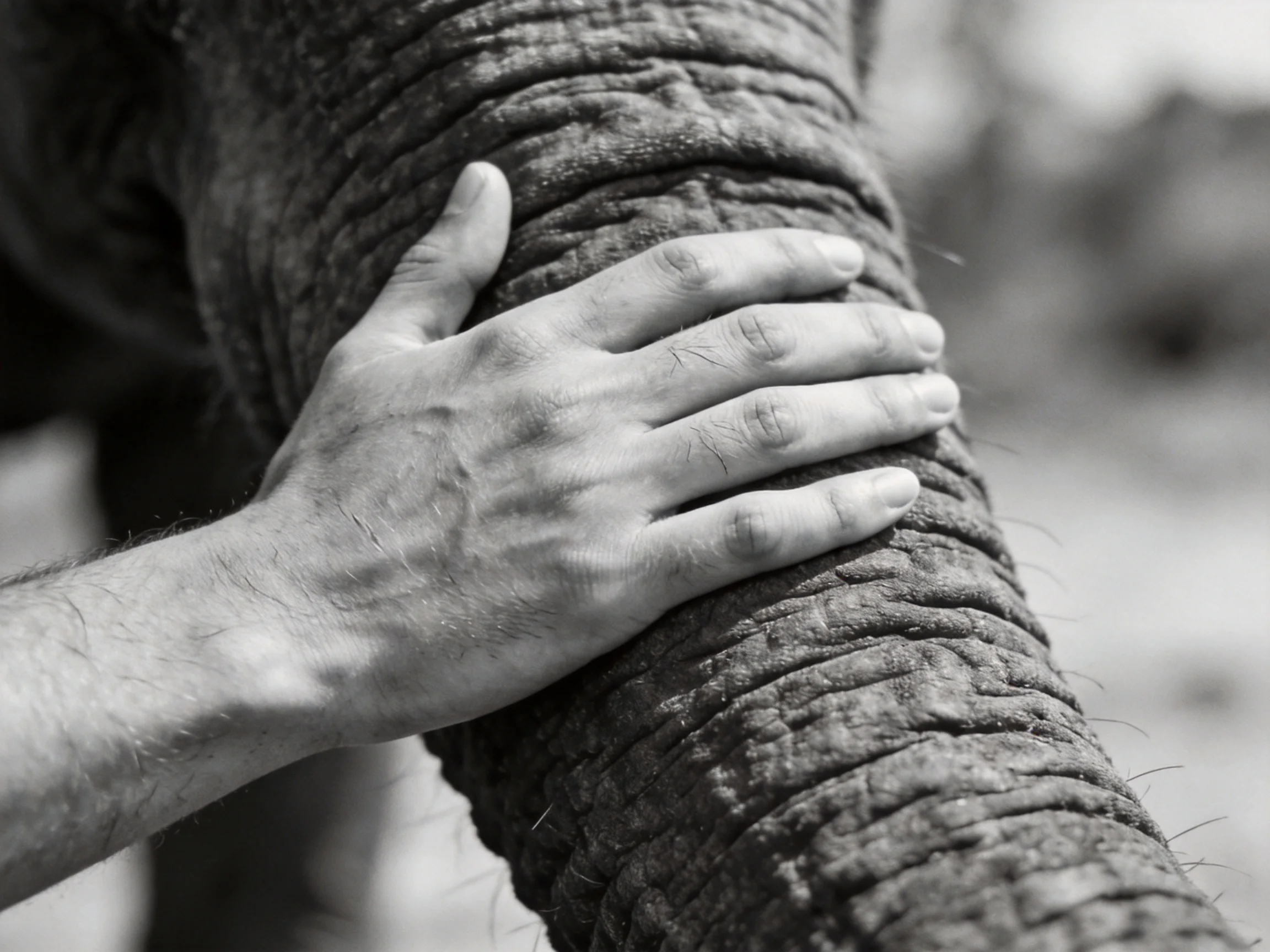 A human hand resting on an elephant’s textured trunk in monochrome