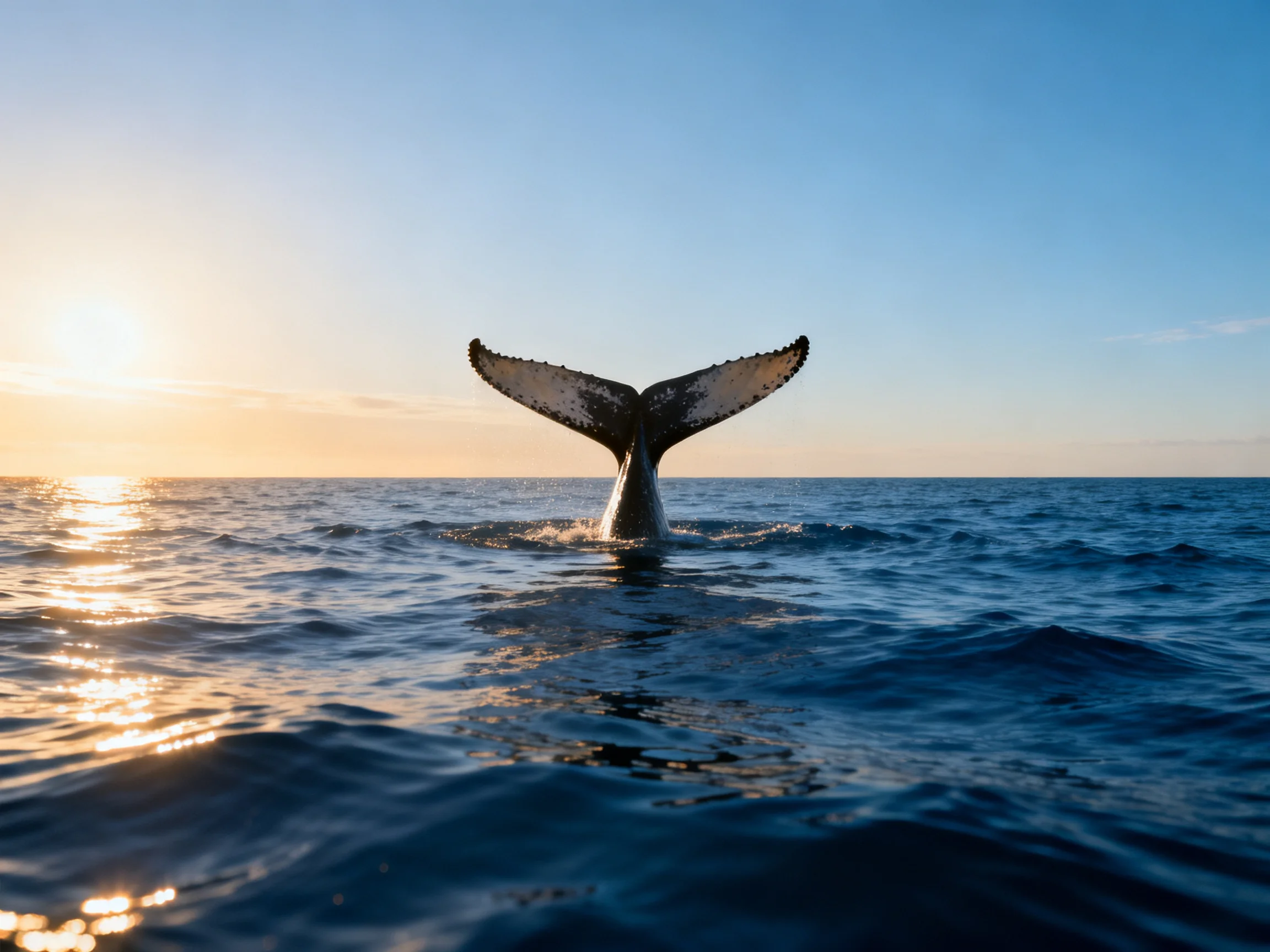 A humpback whales tail emerges from deep blue ocean waters at sunset