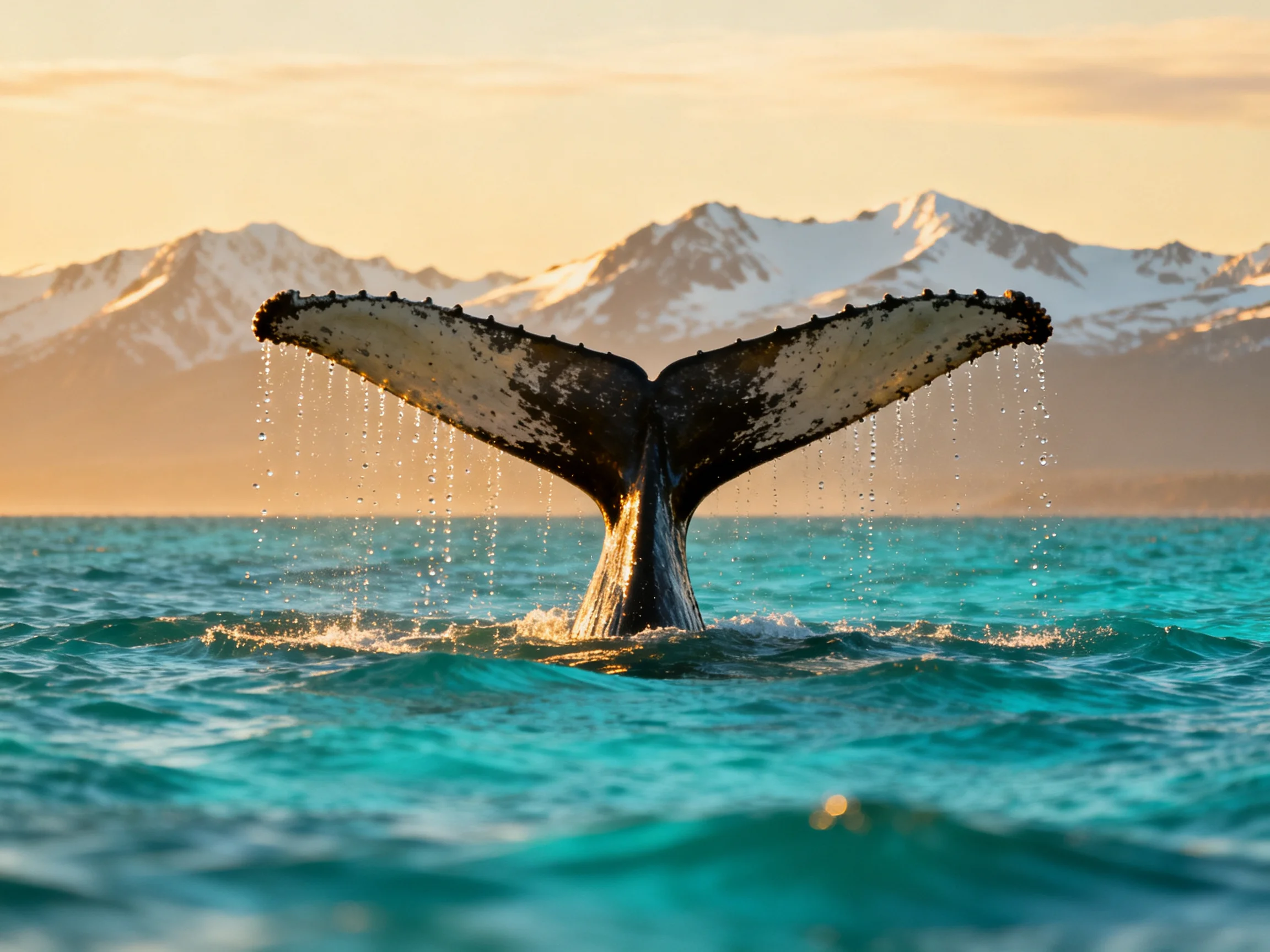 A humpback whales tail rises from turquoise waters near snow-capped mountains