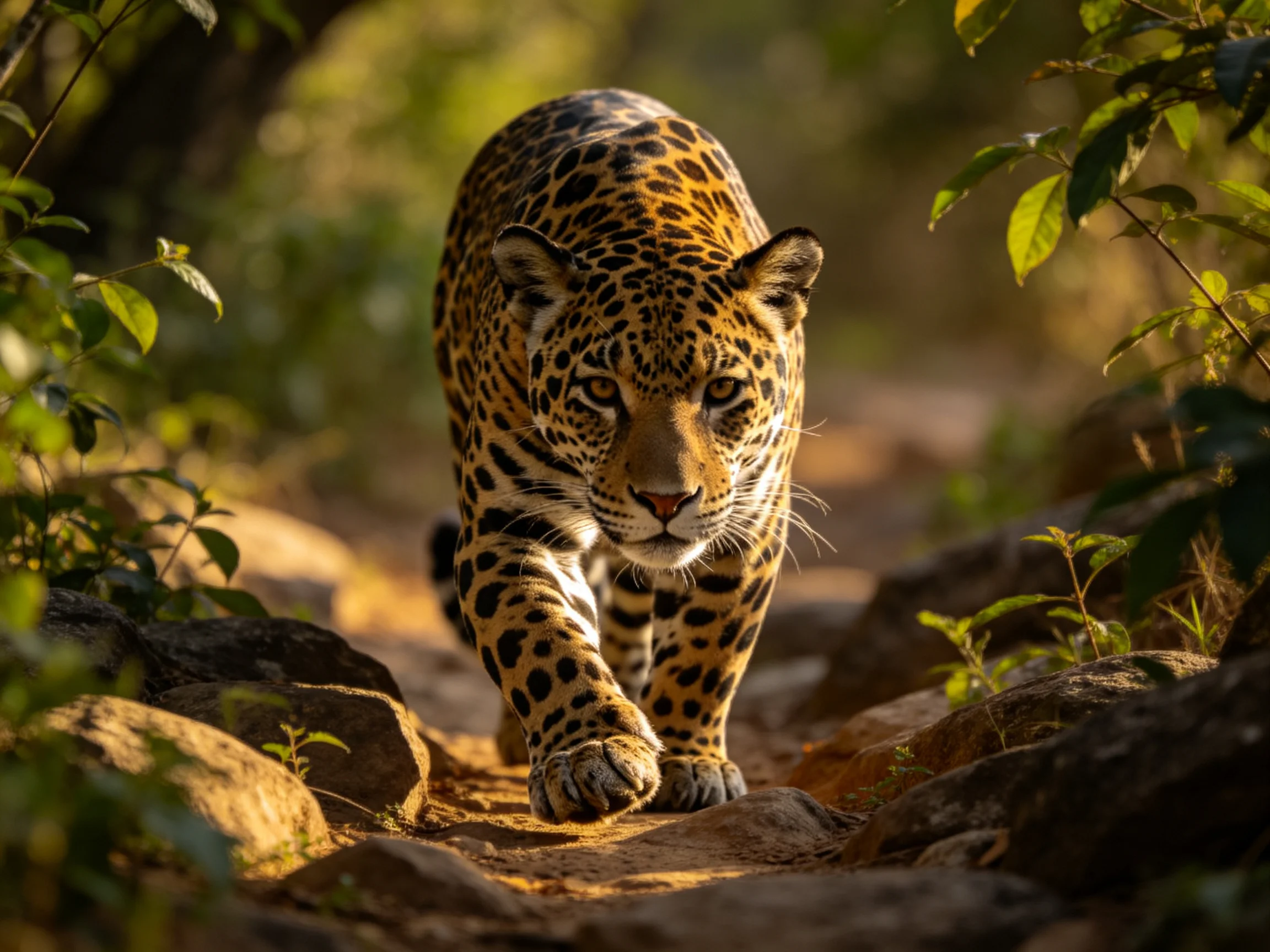 A jaguar with golden-spotted fur walks through rocky forest terrain.