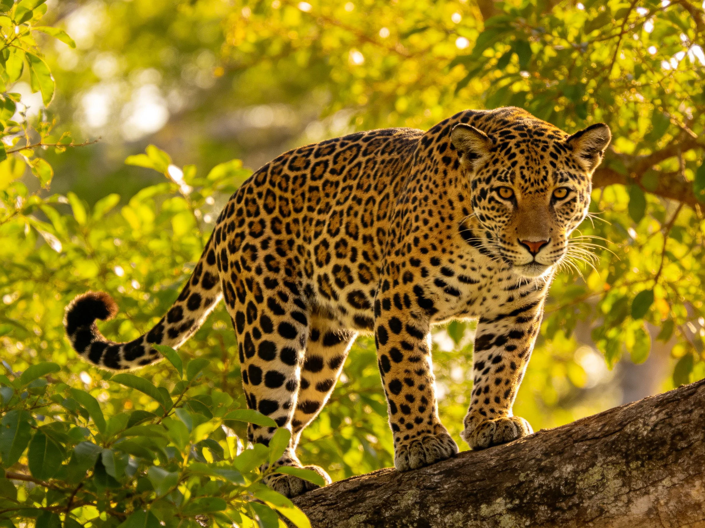 A jaguar with rosette spots stands on a large tree branch surrounded by greenery