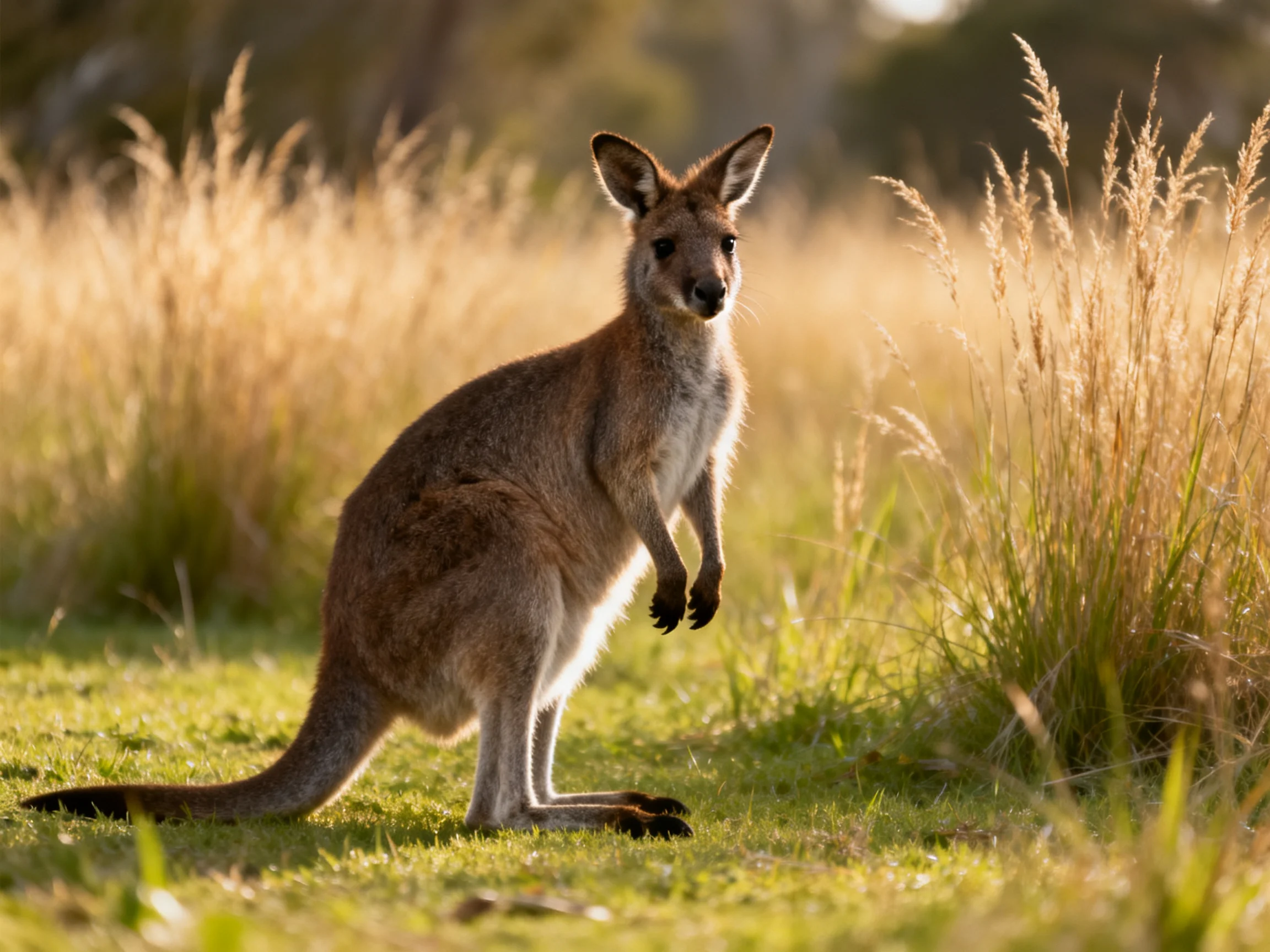 A kangaroo stands near tall golden grasses in a sunlit meadow.