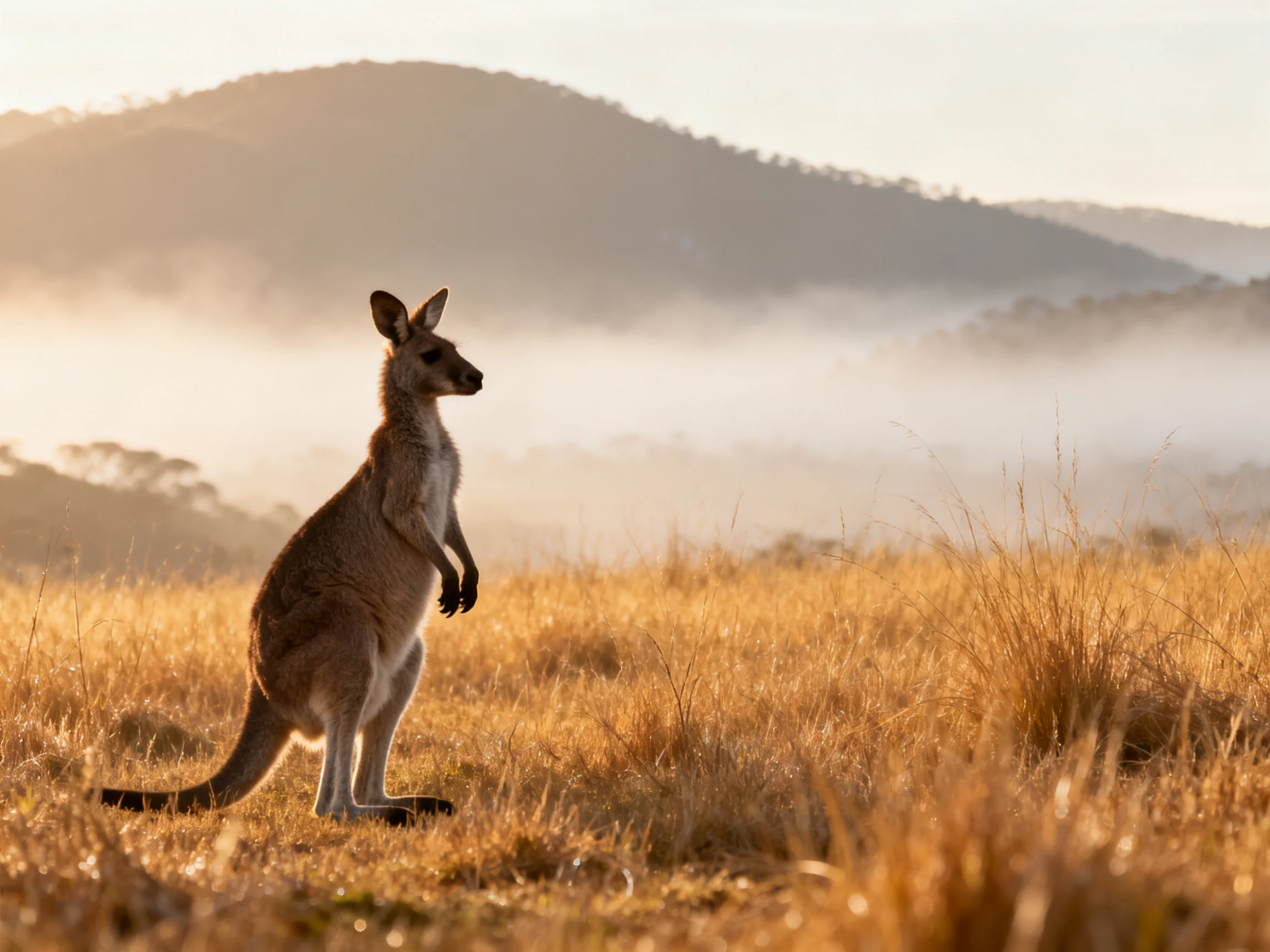 A kangaroo stands in a sunlit grassland with misty hills in the distance.
