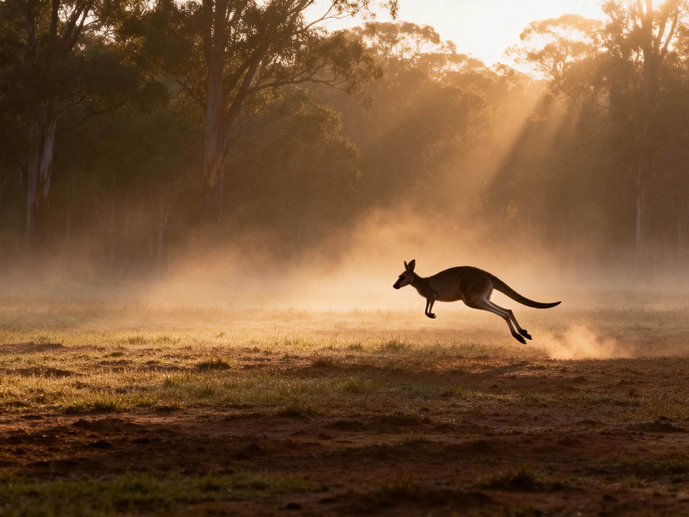 A kangaroo leaps in a dusty, sun-kissed forest clearing