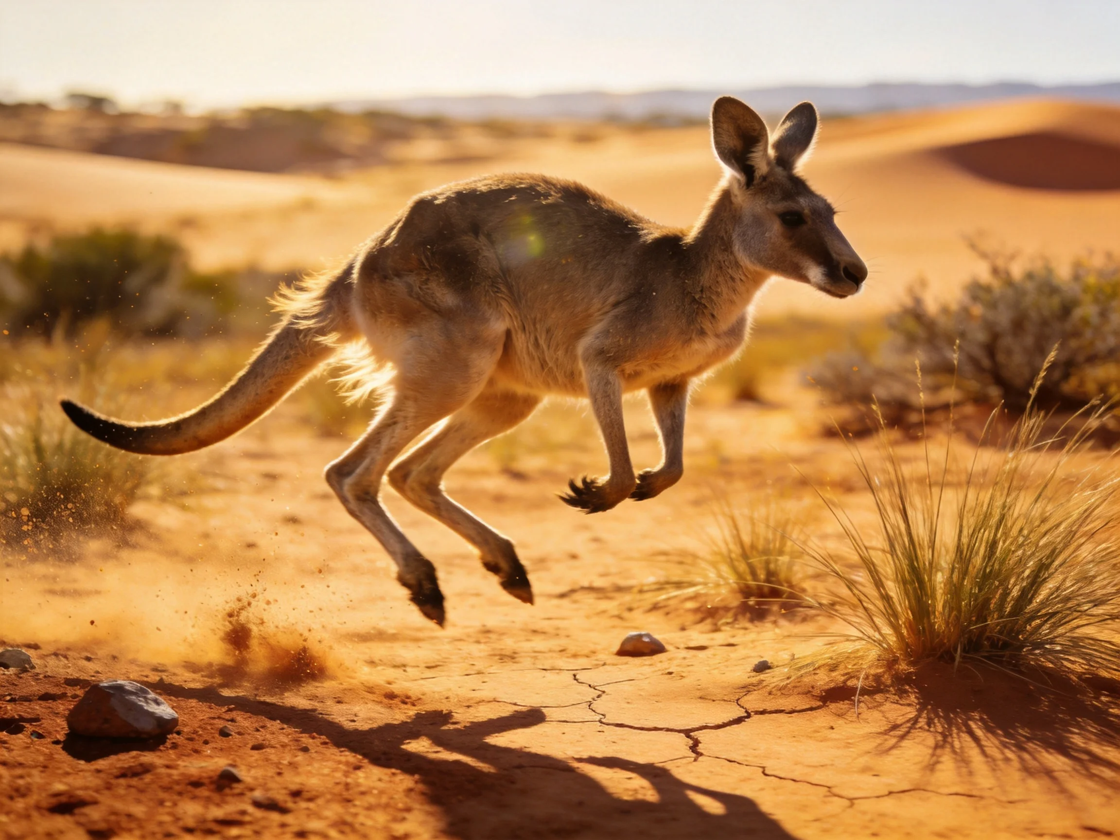 A kangaroo jumps across dusty desert ground in bright sunlight.