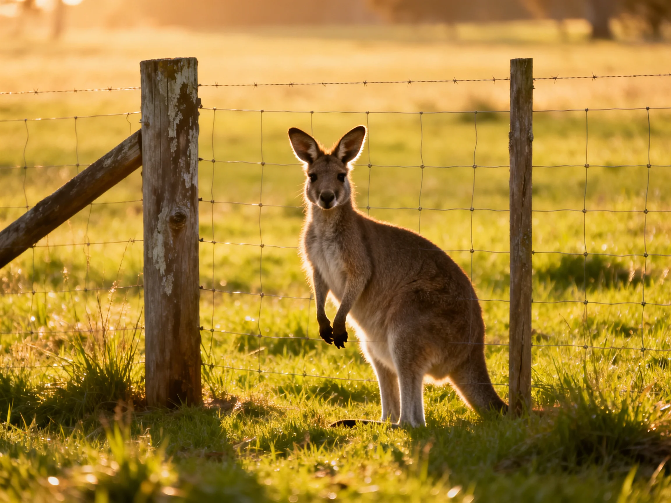 A kangaroo near a wire fence in a sunlit pasture
