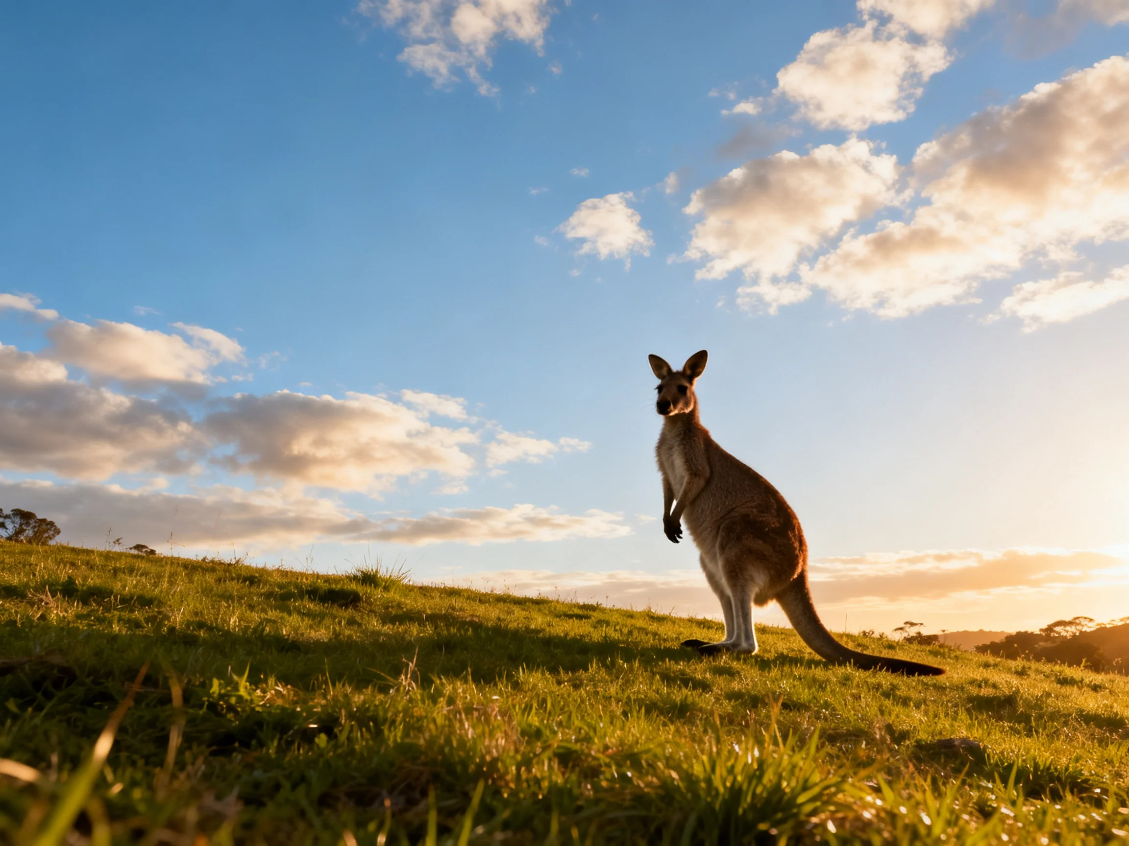 A kangaroo on a sunlit grassy hill under a blue sky with clouds