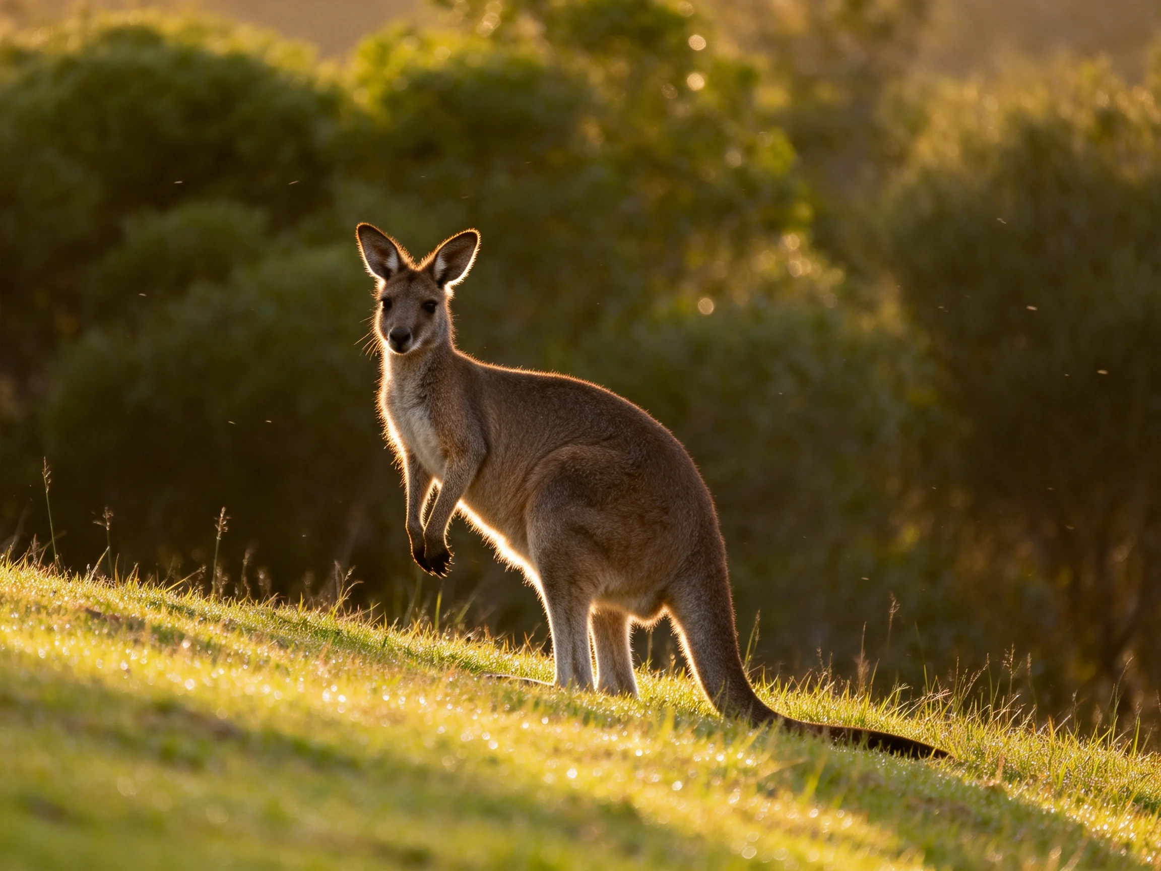 A kangaroo on a sunlit grassy hill with green foliage