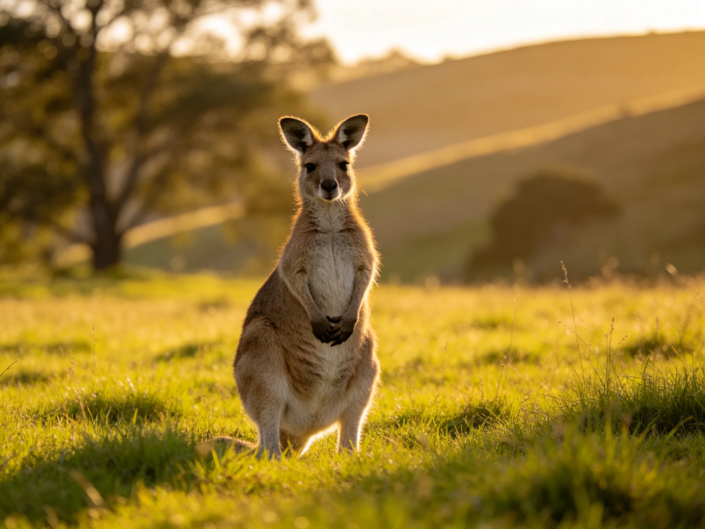 A kangaroo stands in a golden grassy field near trees