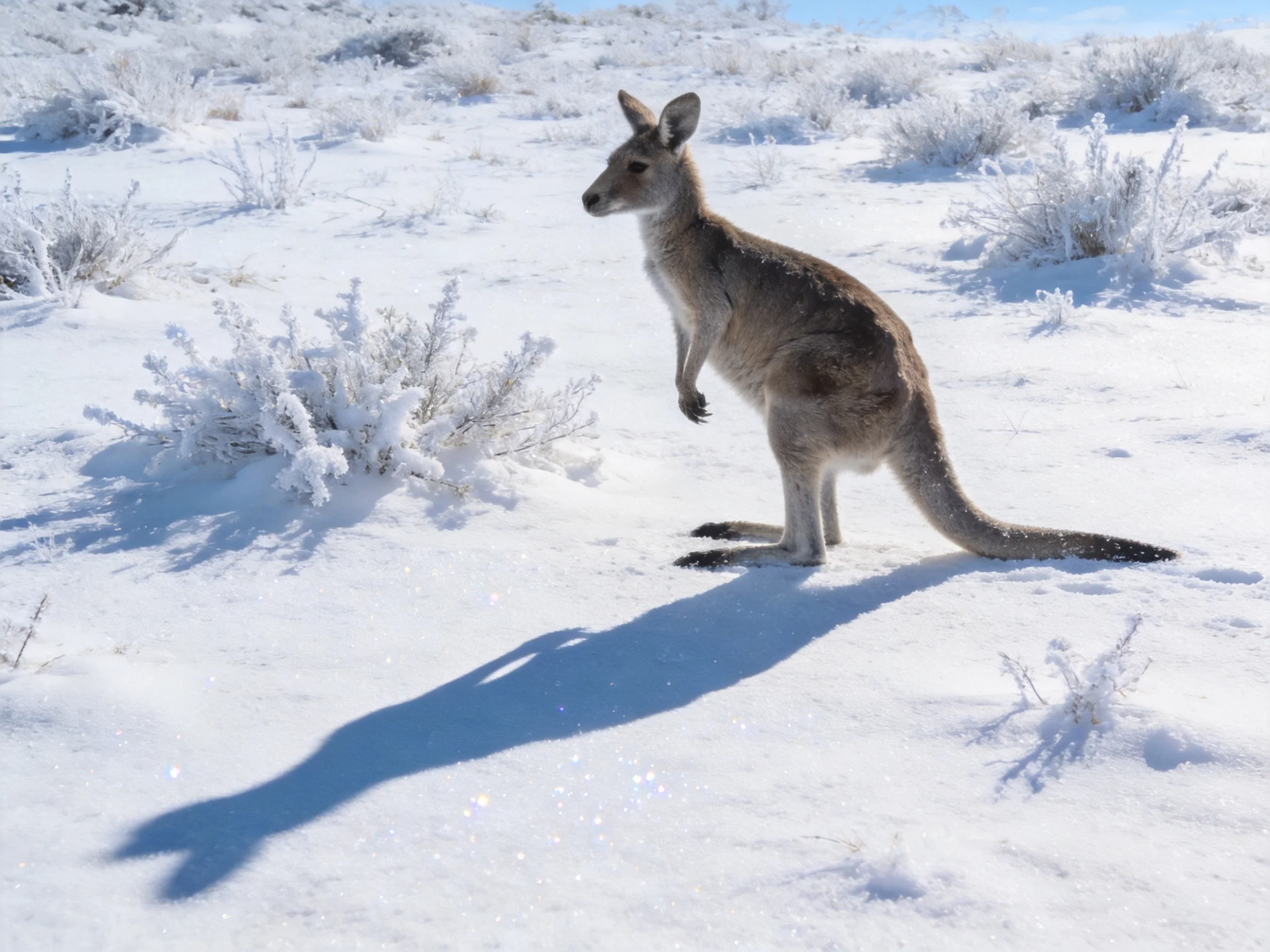 A kangaroo stands in a snow - covered landscape with frosted bushes
