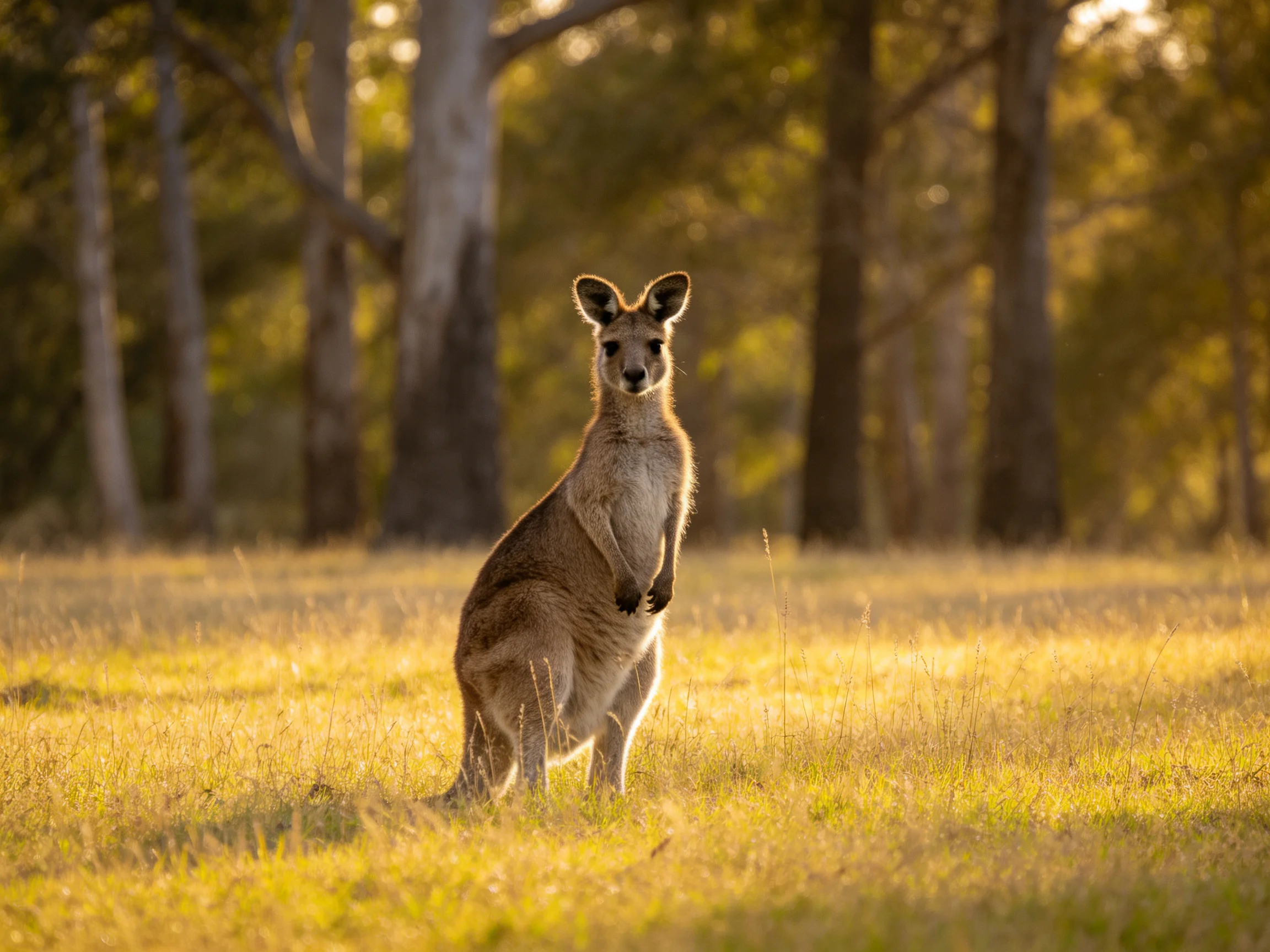 A kangaroo stands in a sunlit grassy field near tall trees