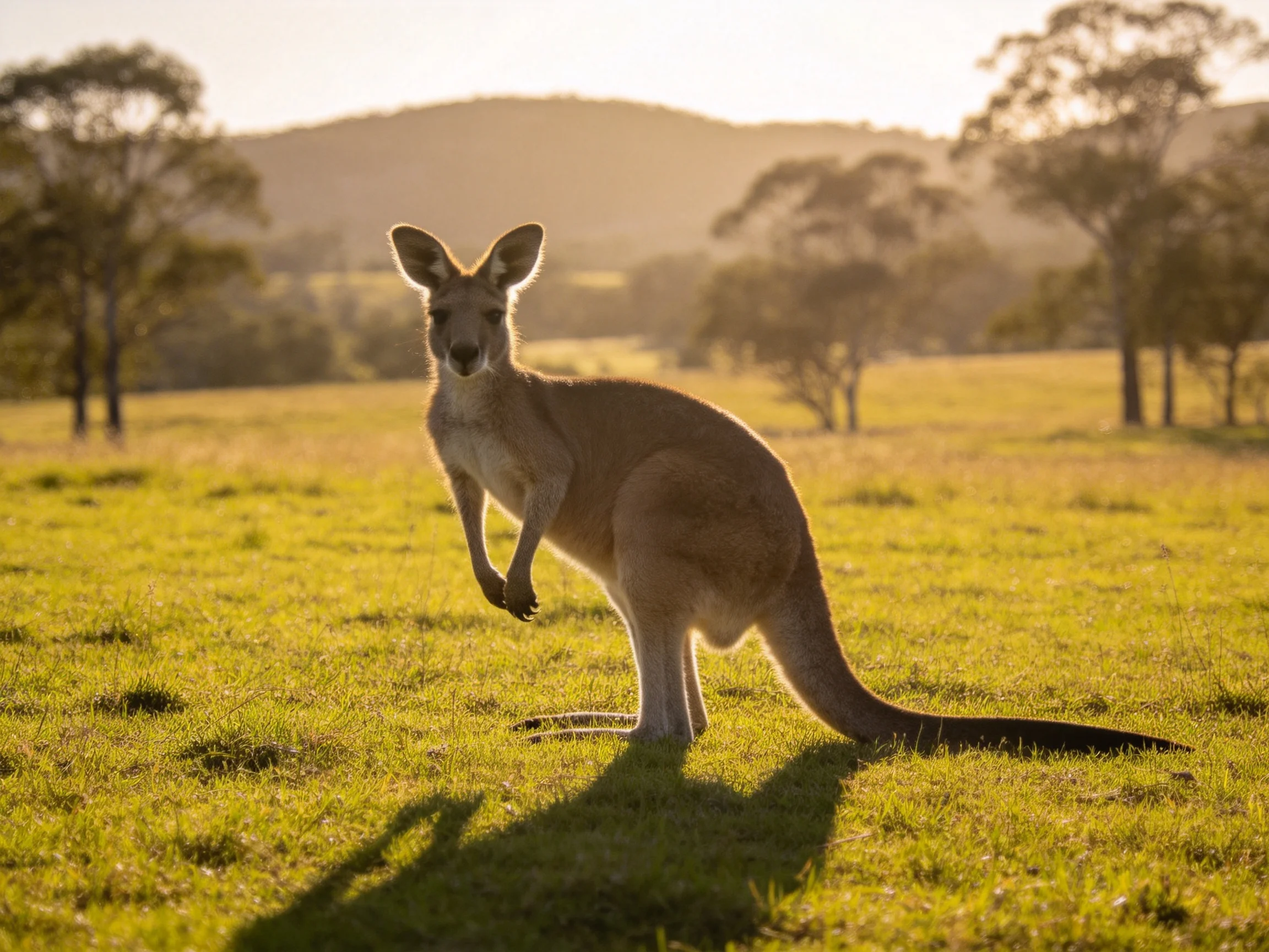 A kangaroo stands in a sunlit grassy field with distant trees