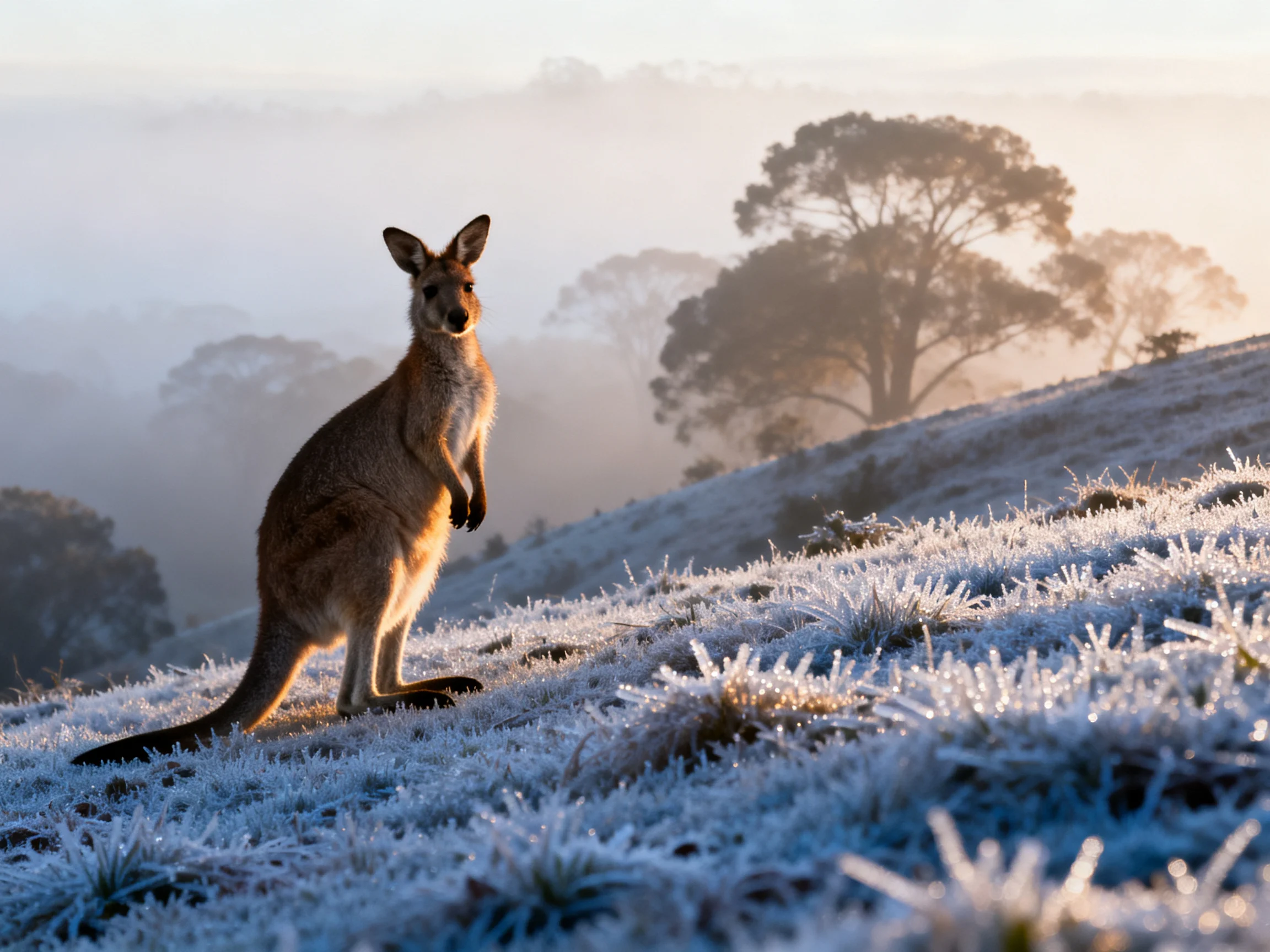 A kangaroo stands on a frosty hillside amid misty trees