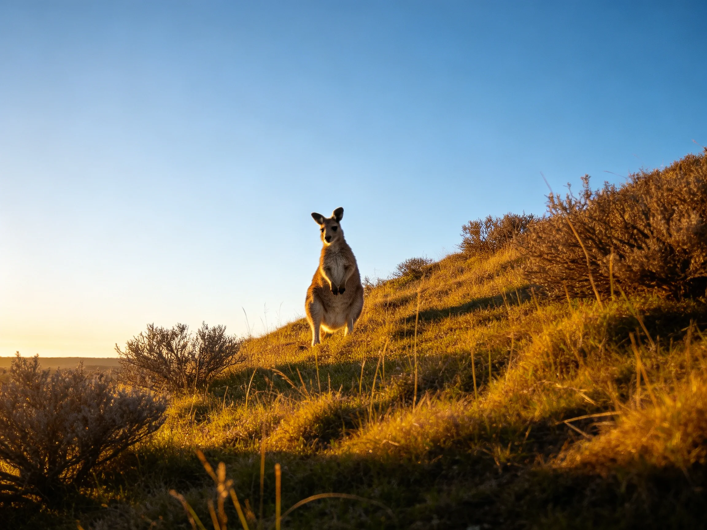 A kangaroo stands on a golden-hued hillside under clear blue skies