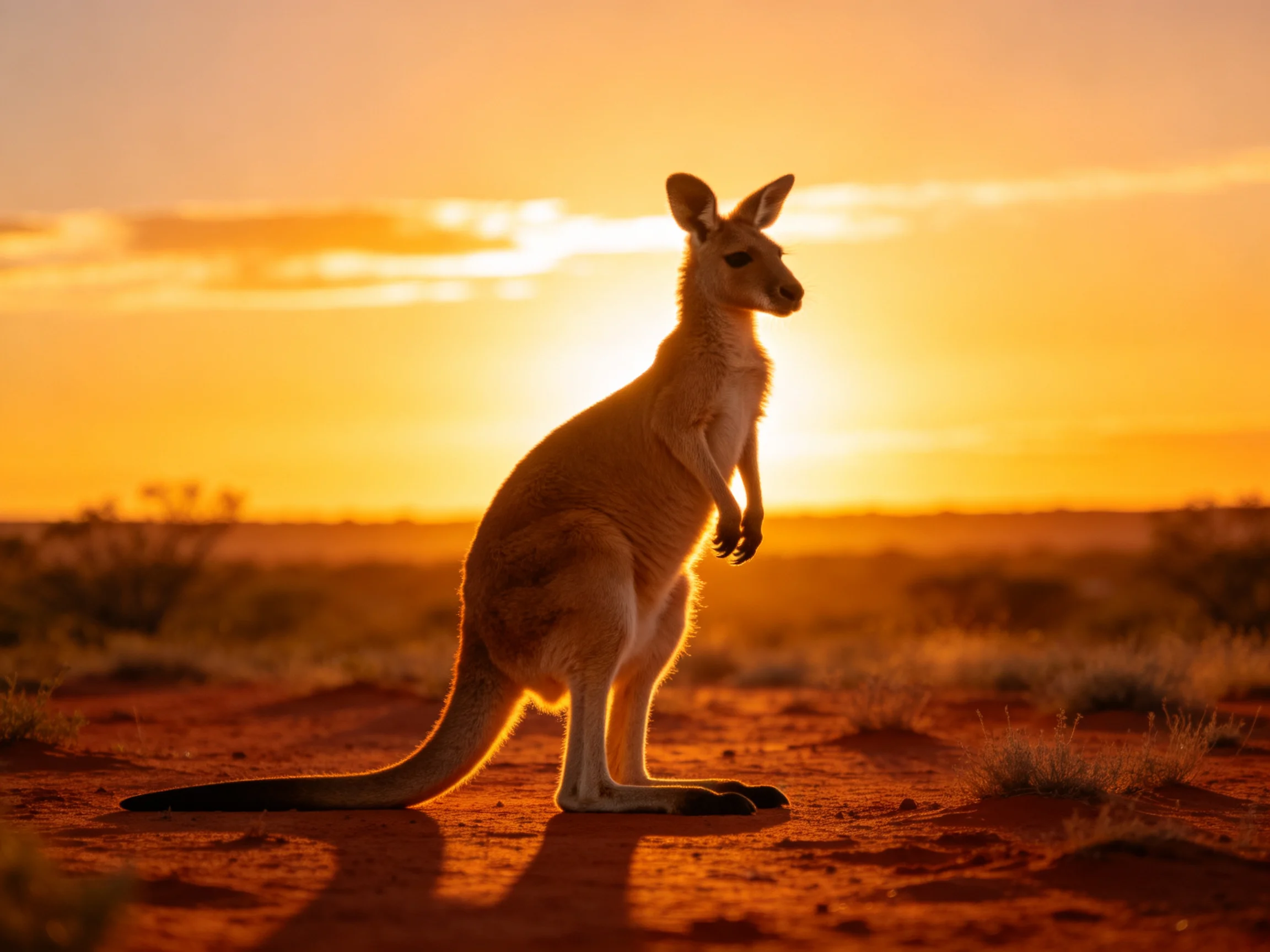 A kangaroo stands on reddish earth amid a vibrant orange sunset sky