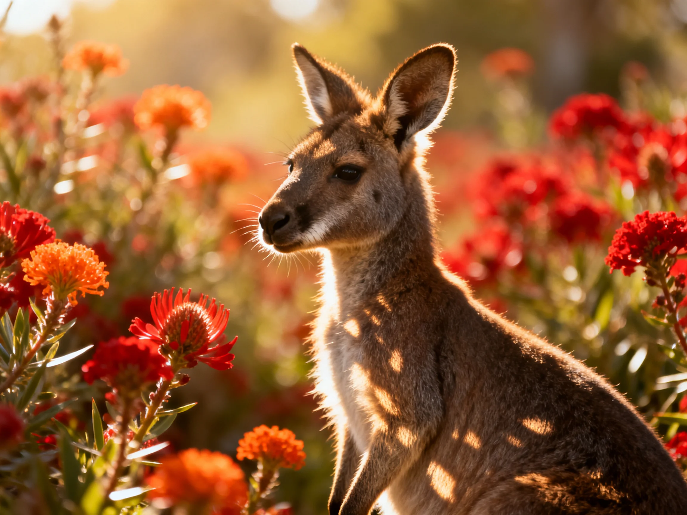A kangaroo stands amid colorful wildflowers in a sunlit outdoor setting.