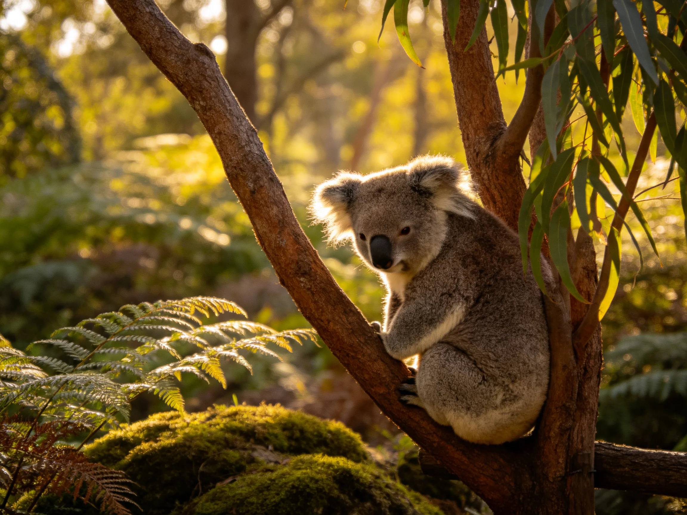 A koala sits on a tree branch surrounded by lush greenery in a sunlit forest.