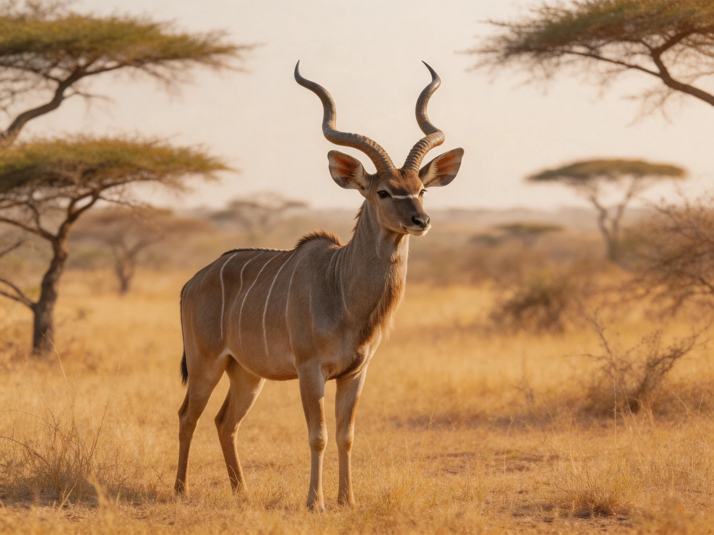 A kudu stands in a golden savannah landscape with acacia trees