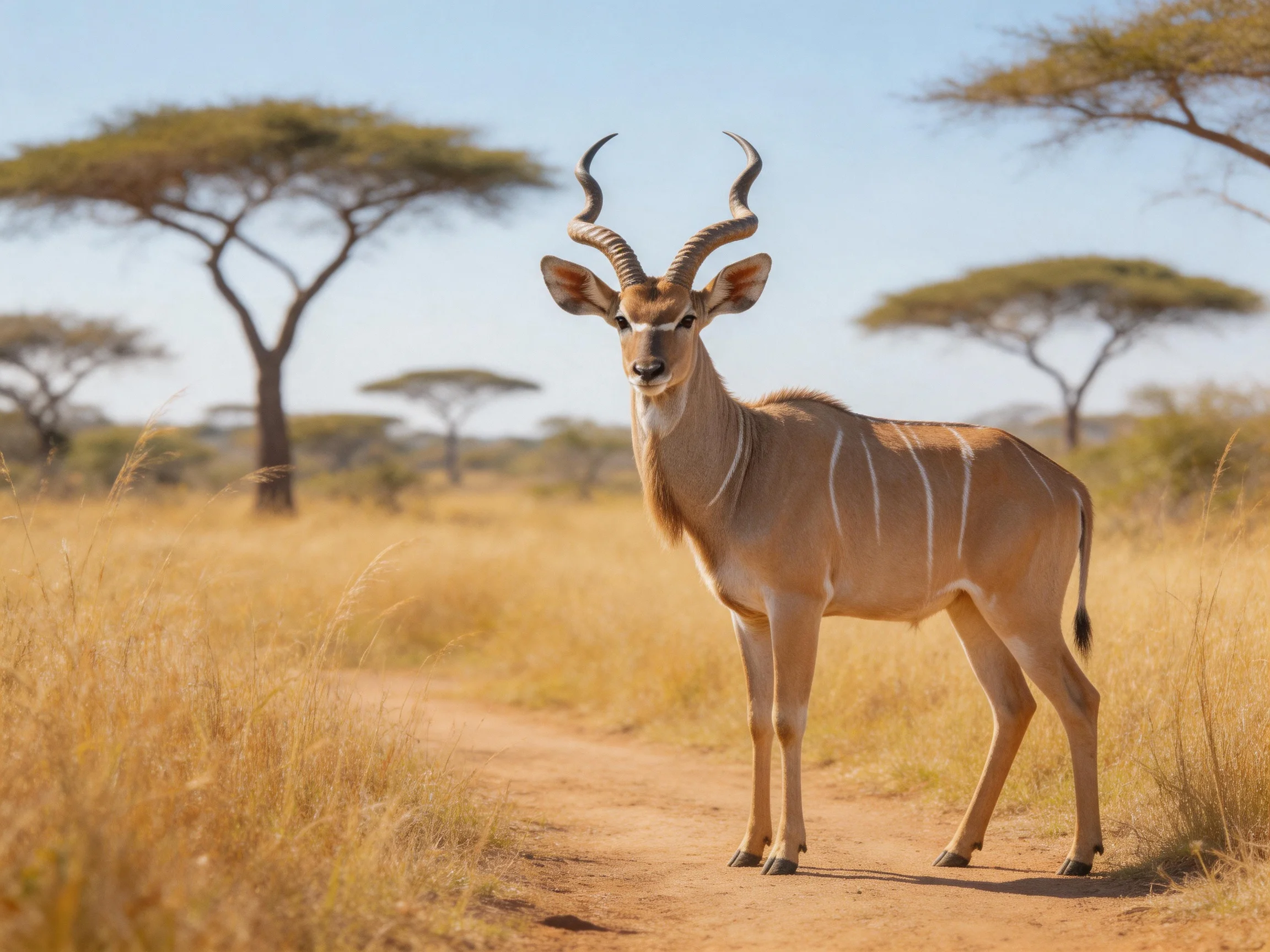 A kudu stands on a dusty path amid golden savannah grass
