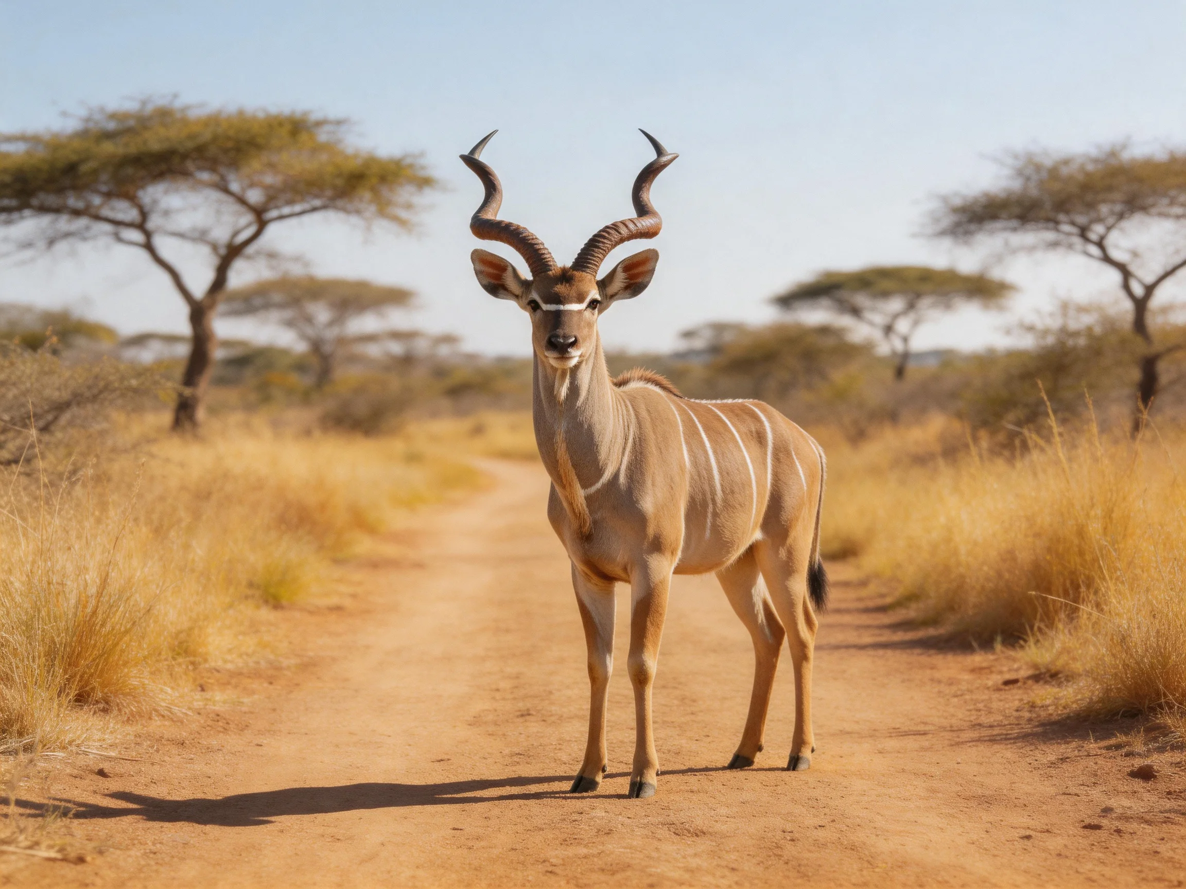 A kudu stands on a dusty savannah path with acacia trees
