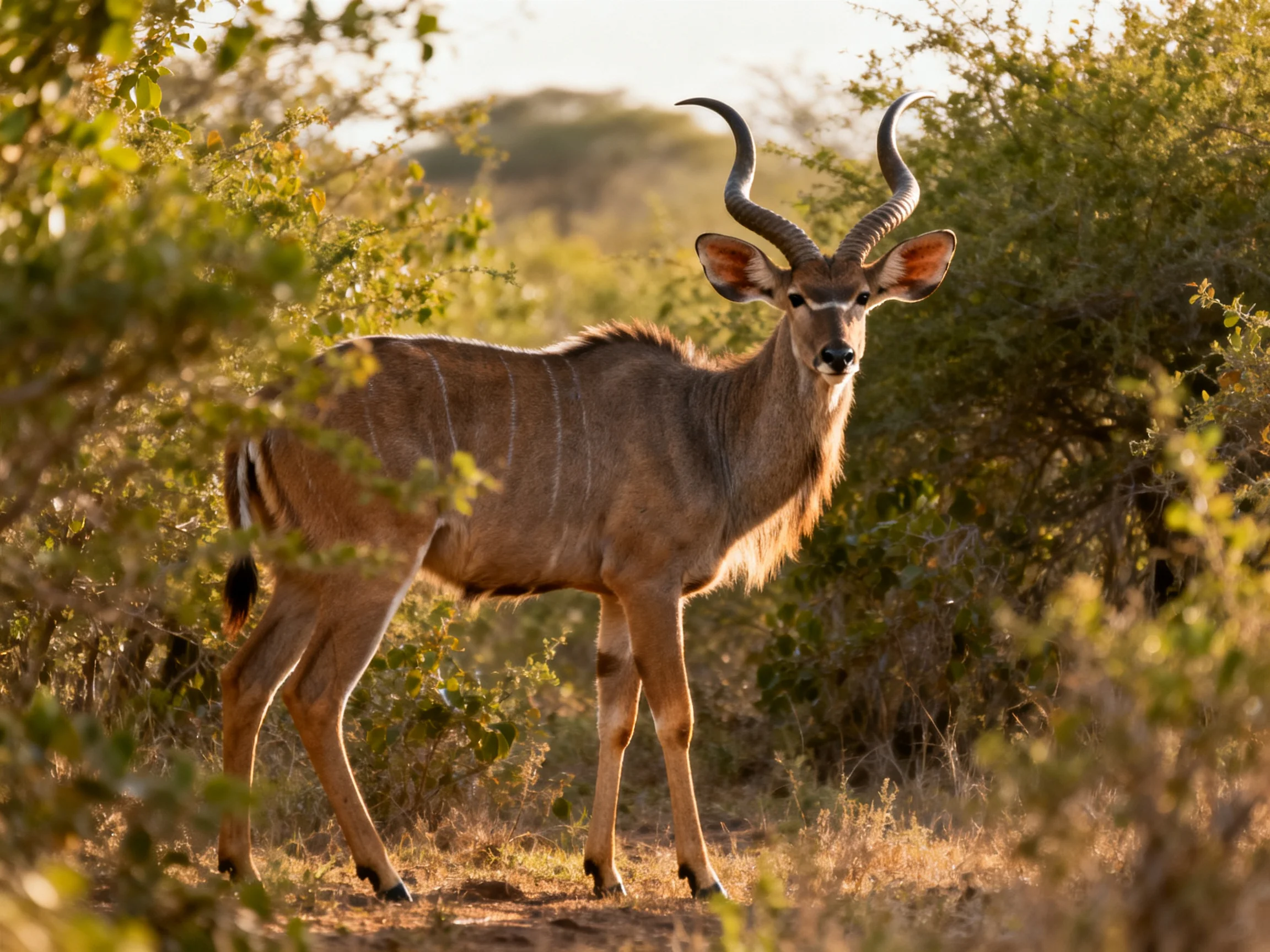 A kudu with curved horns in sun-dappled bushland