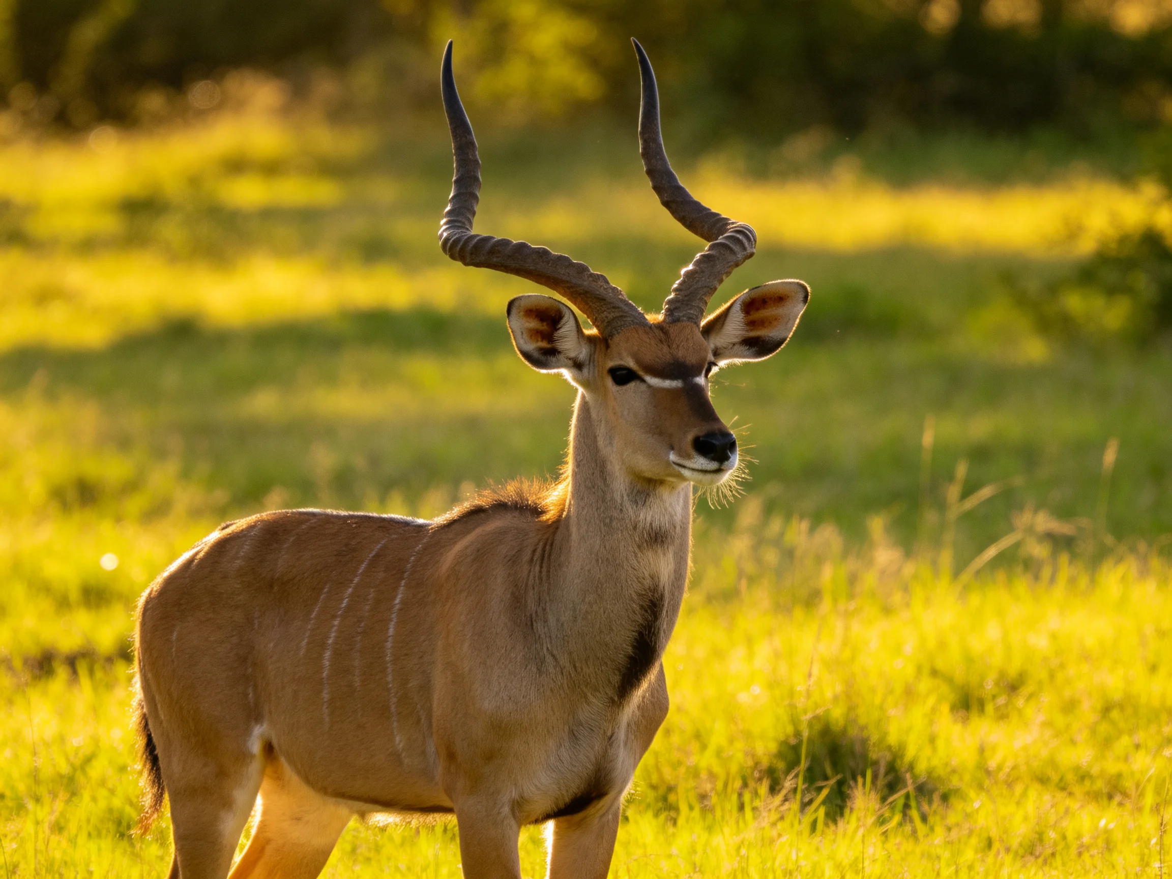 A kudu with curved horns in sunlit green savannah