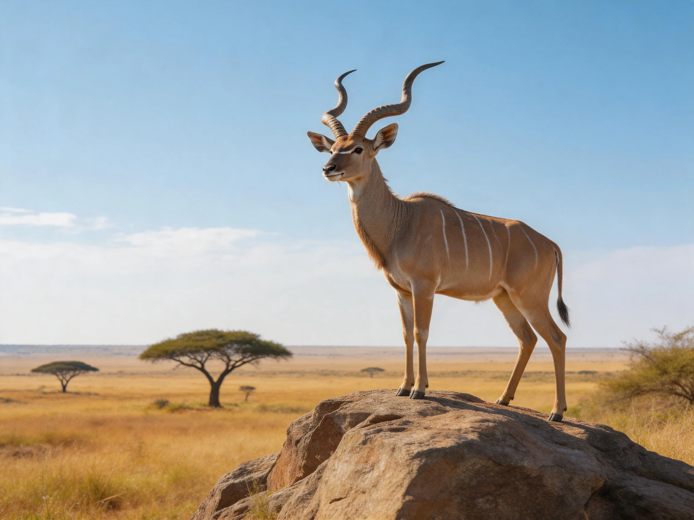 A kudu with curved horns stands on a large brown rock in golden savannah