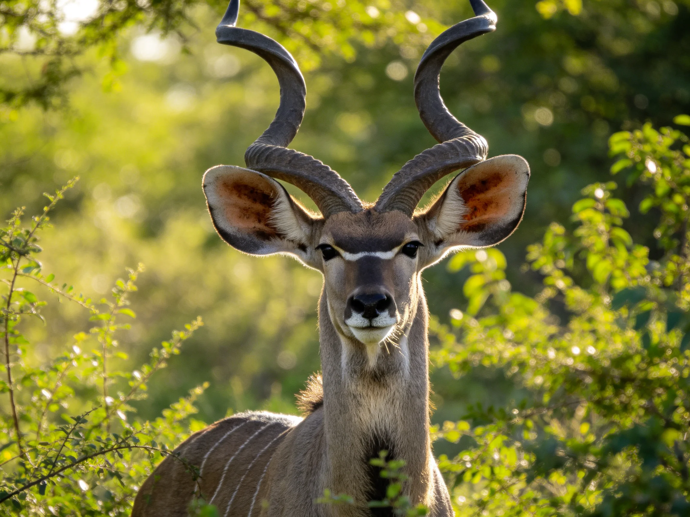 A kudu with grand spiral horns in lush greenery