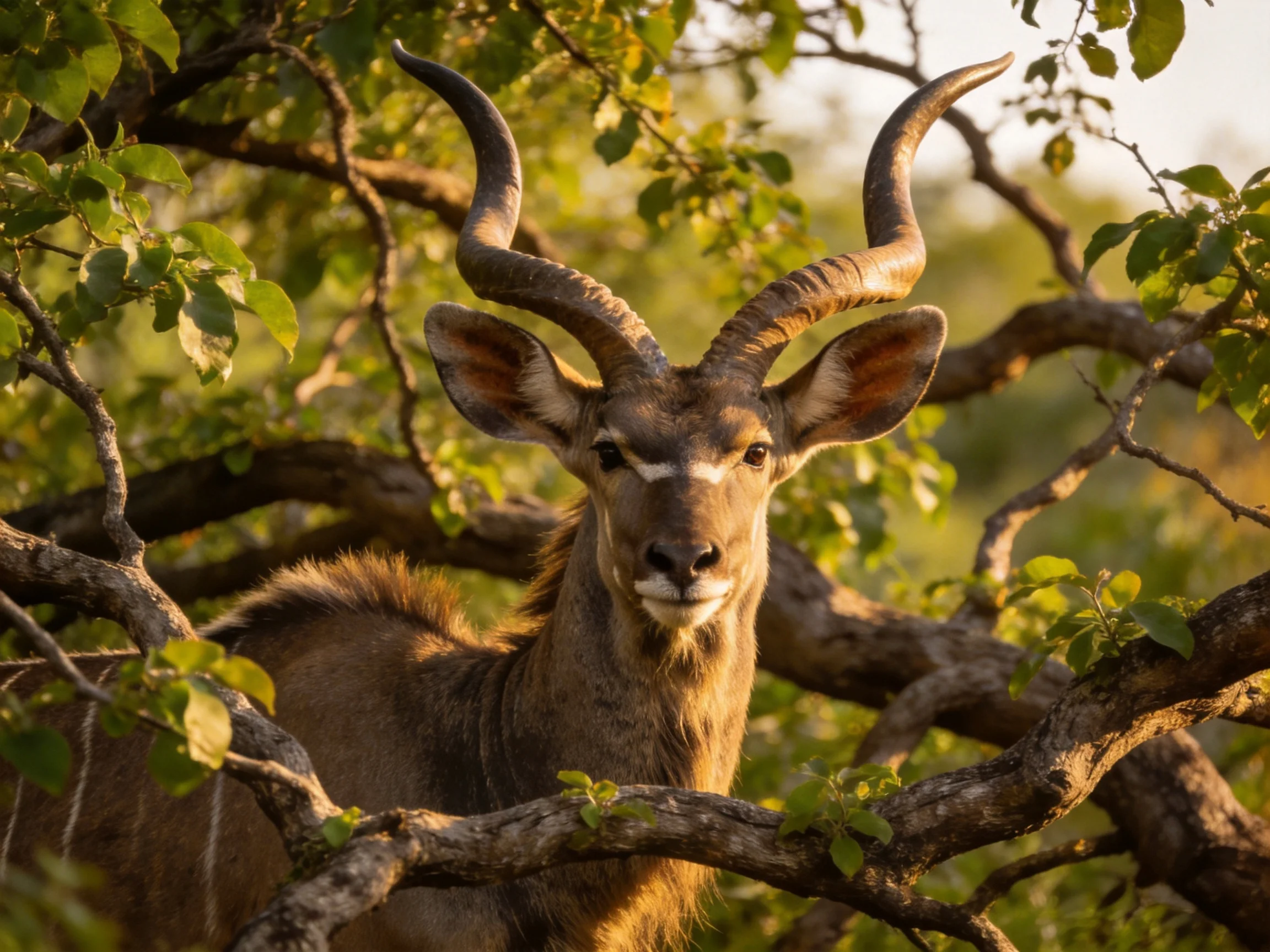 A kudu with large curved horns amid green foliage under warm sunlight