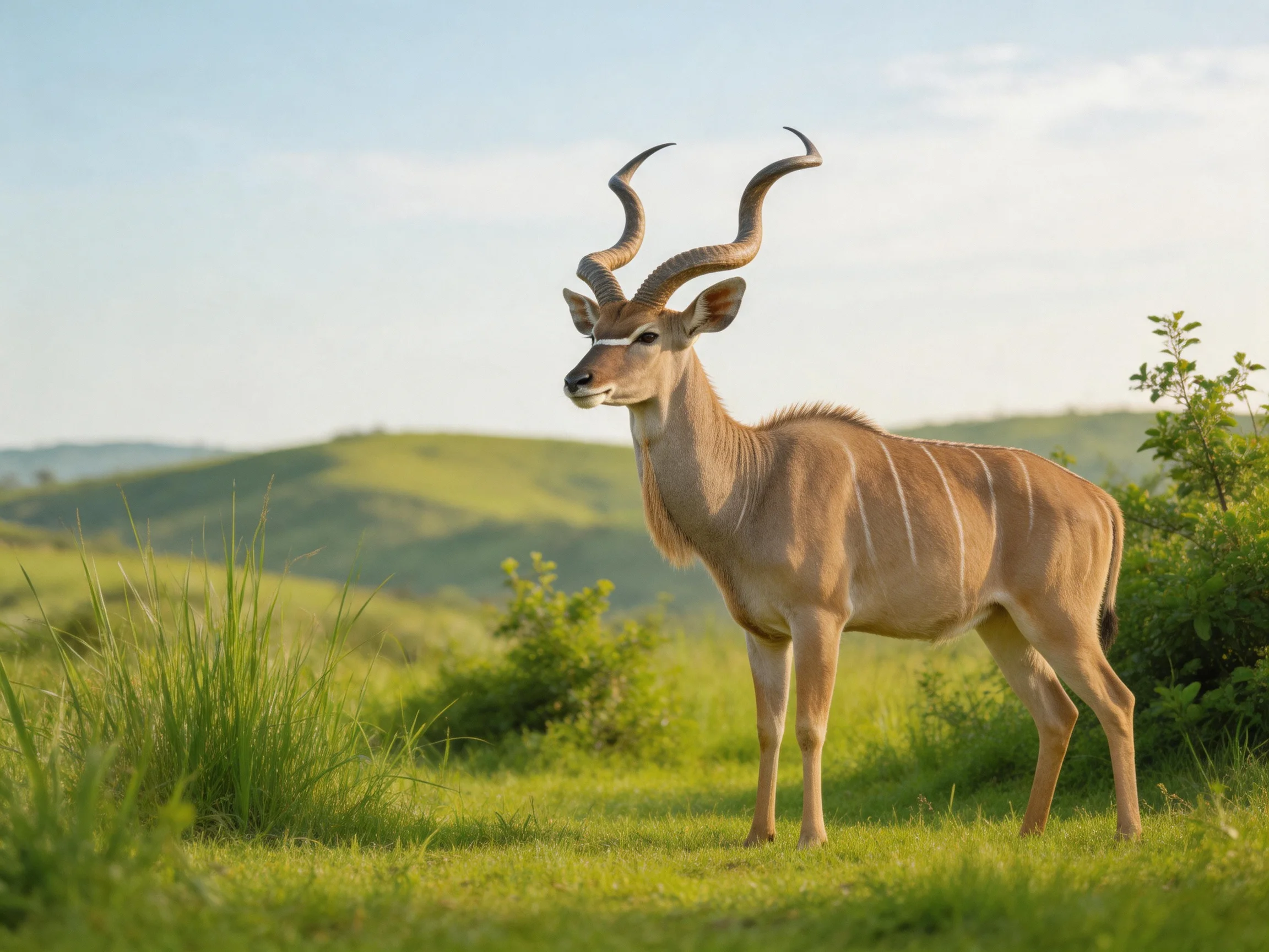 A kudu with large curved horns in a lush green landscape
