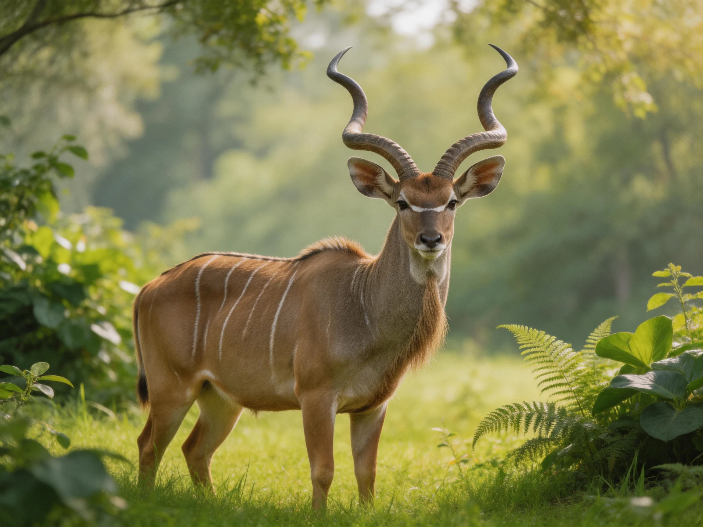 A kudu with large curved horns stands in lush greenery
