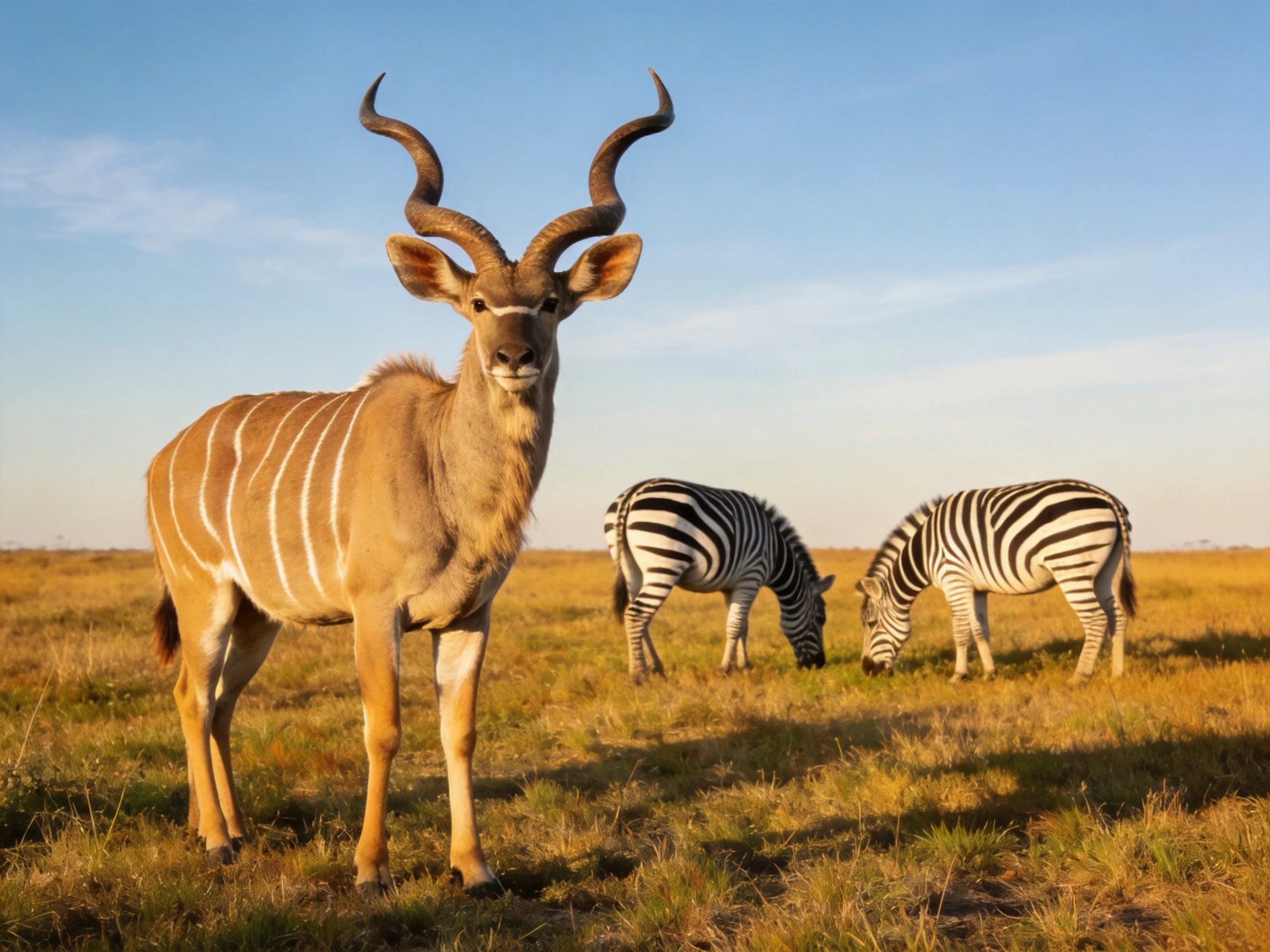 A kudu with large horns stands near zebras on golden savannah