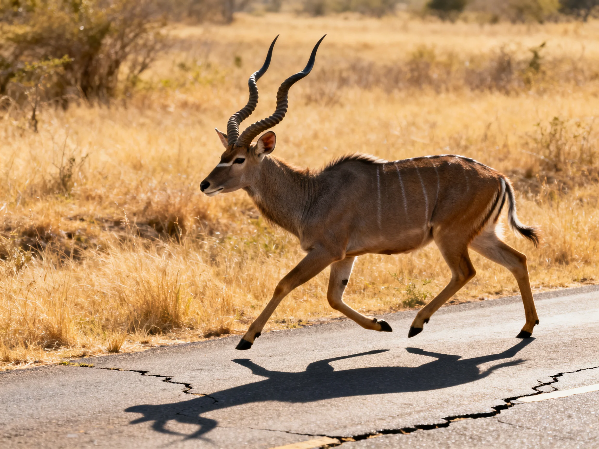 A kudu runs across a cracked road in a dry savannah.