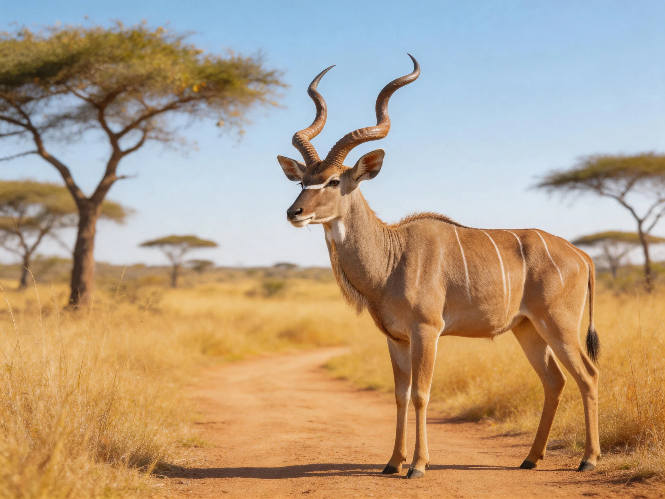 A kudu with long curved horns on a dusty savannah