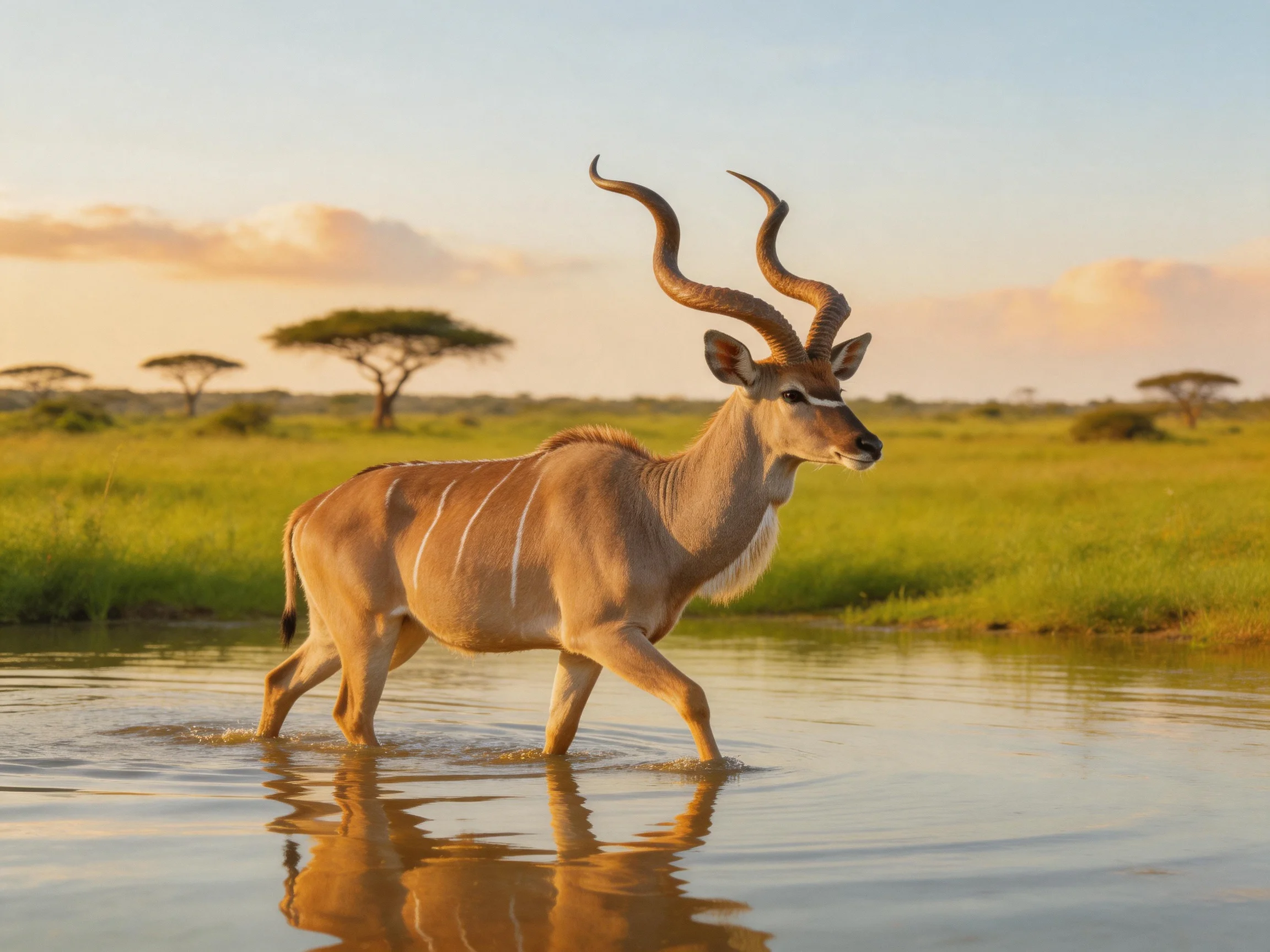 A kudu with spiraled horns crosses shallow water in golden savannah