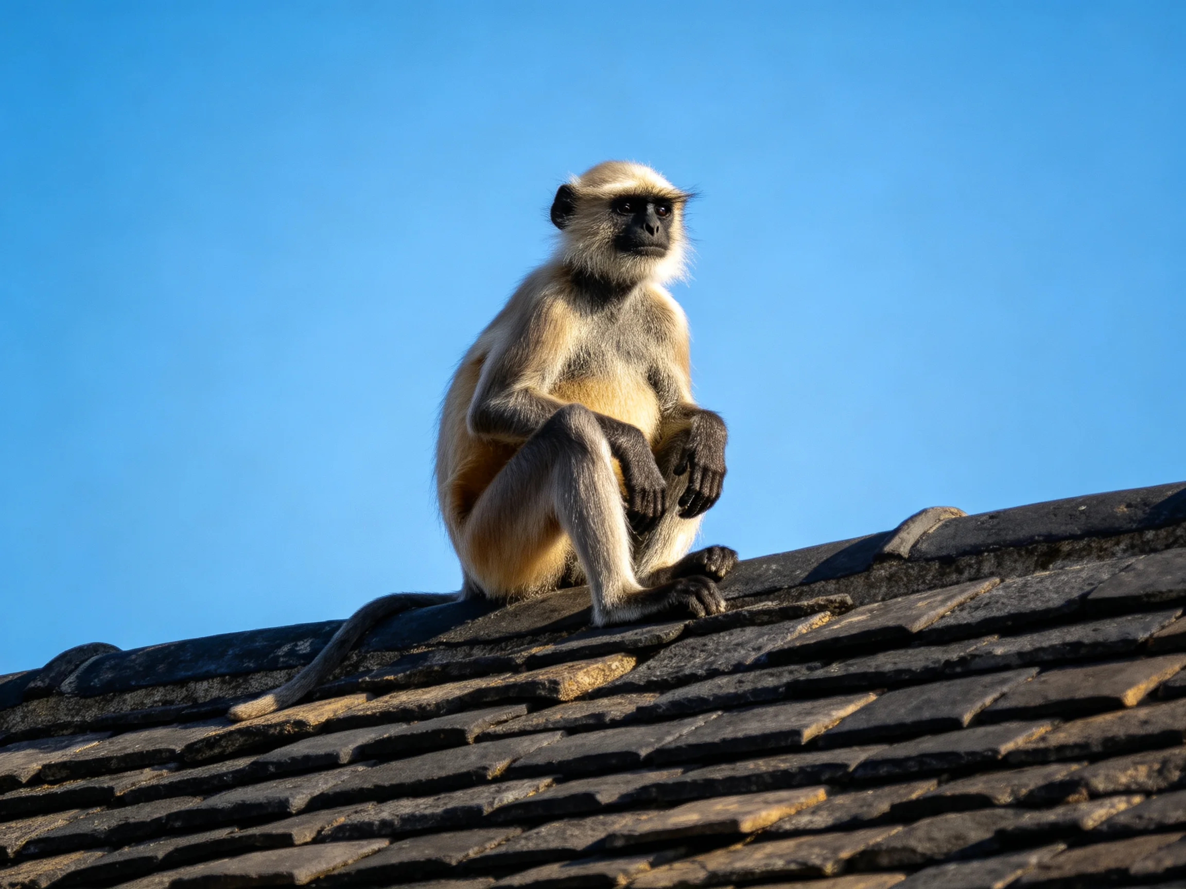 A langur with light tan fur sits on a dark shingled roof under clear blue sky
