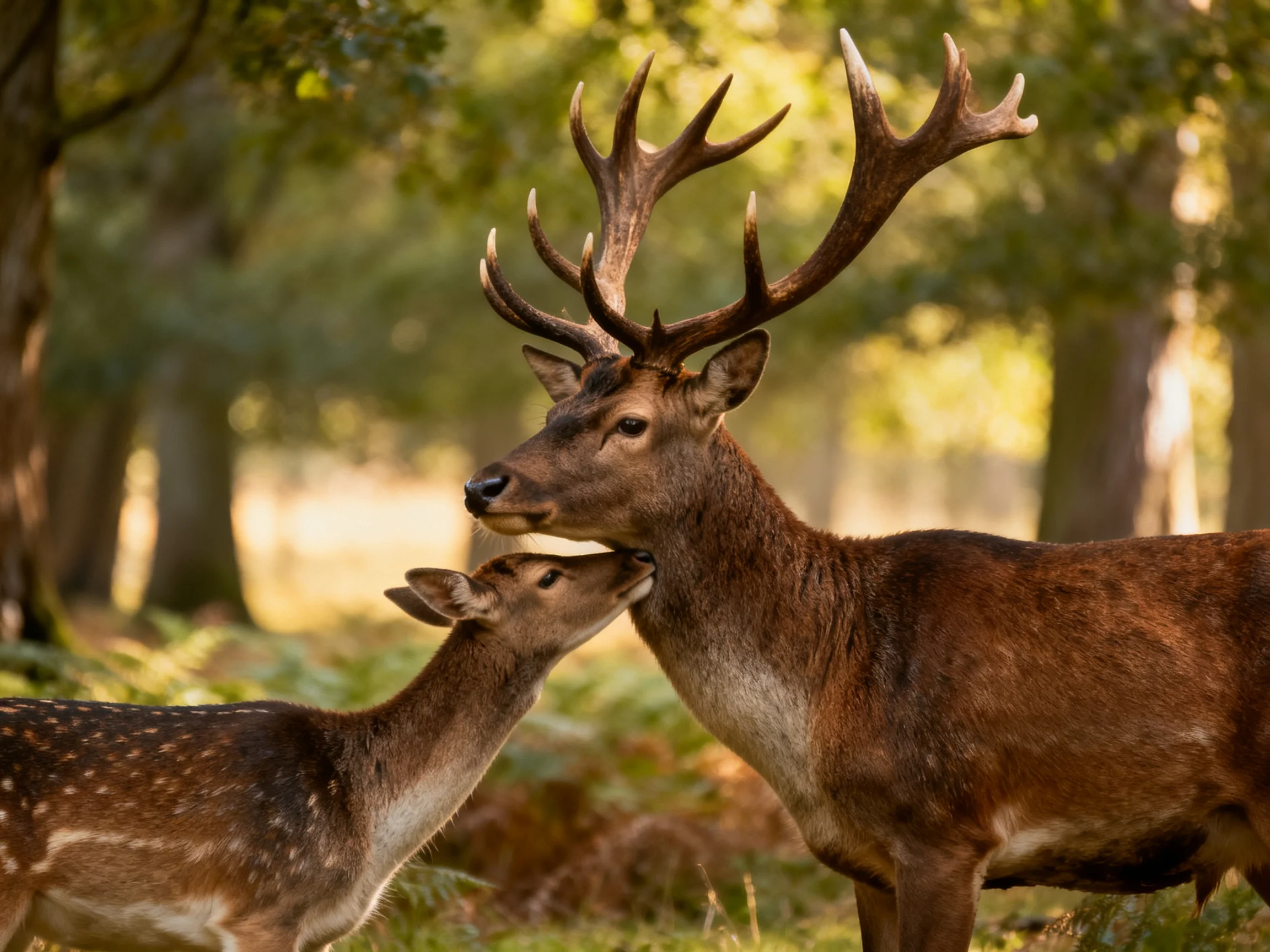 A large-antlered deer and spotted fawn interact in a sunlit forest