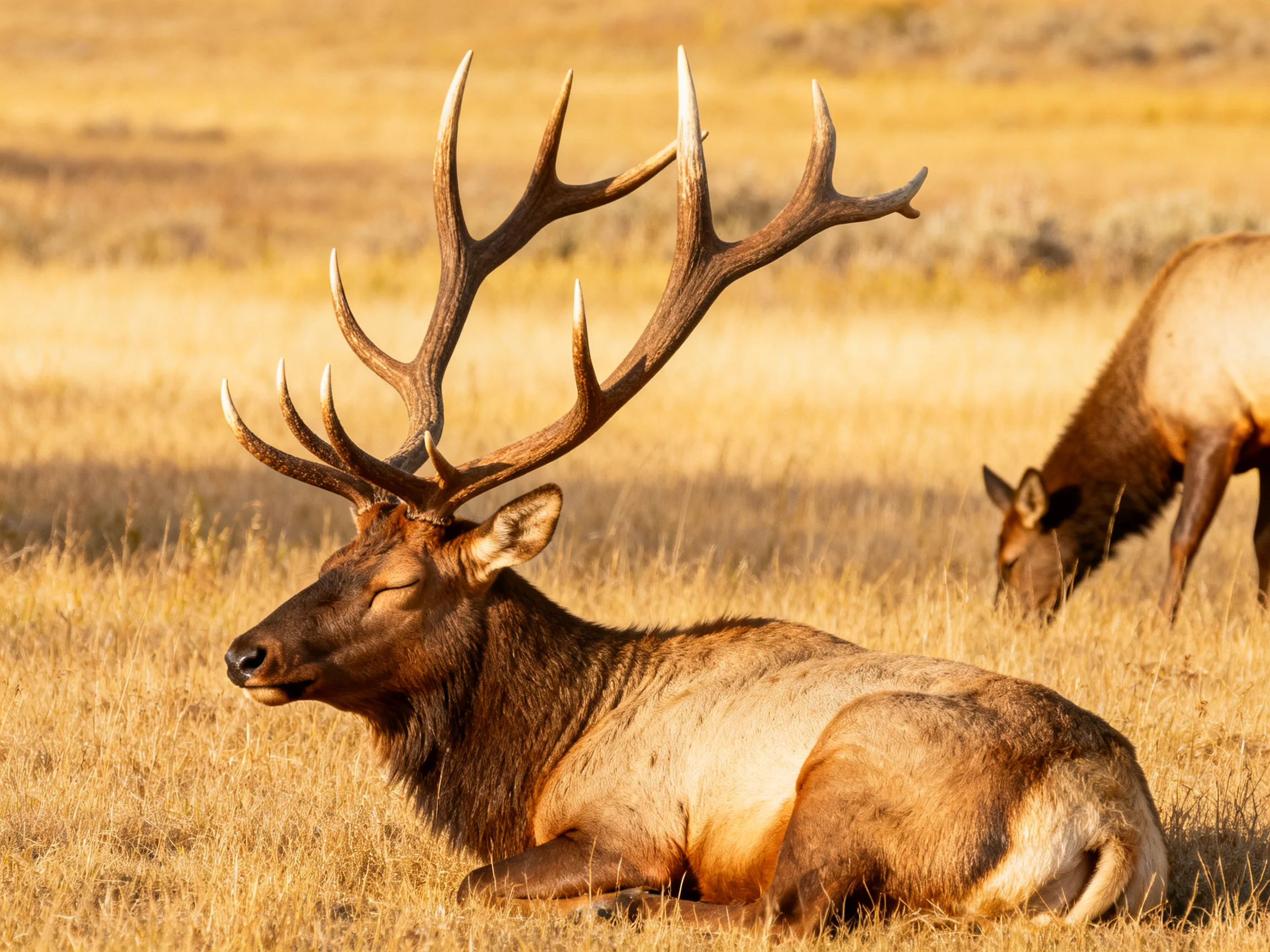 A large-antlered elk rests in sunlit golden grasslands