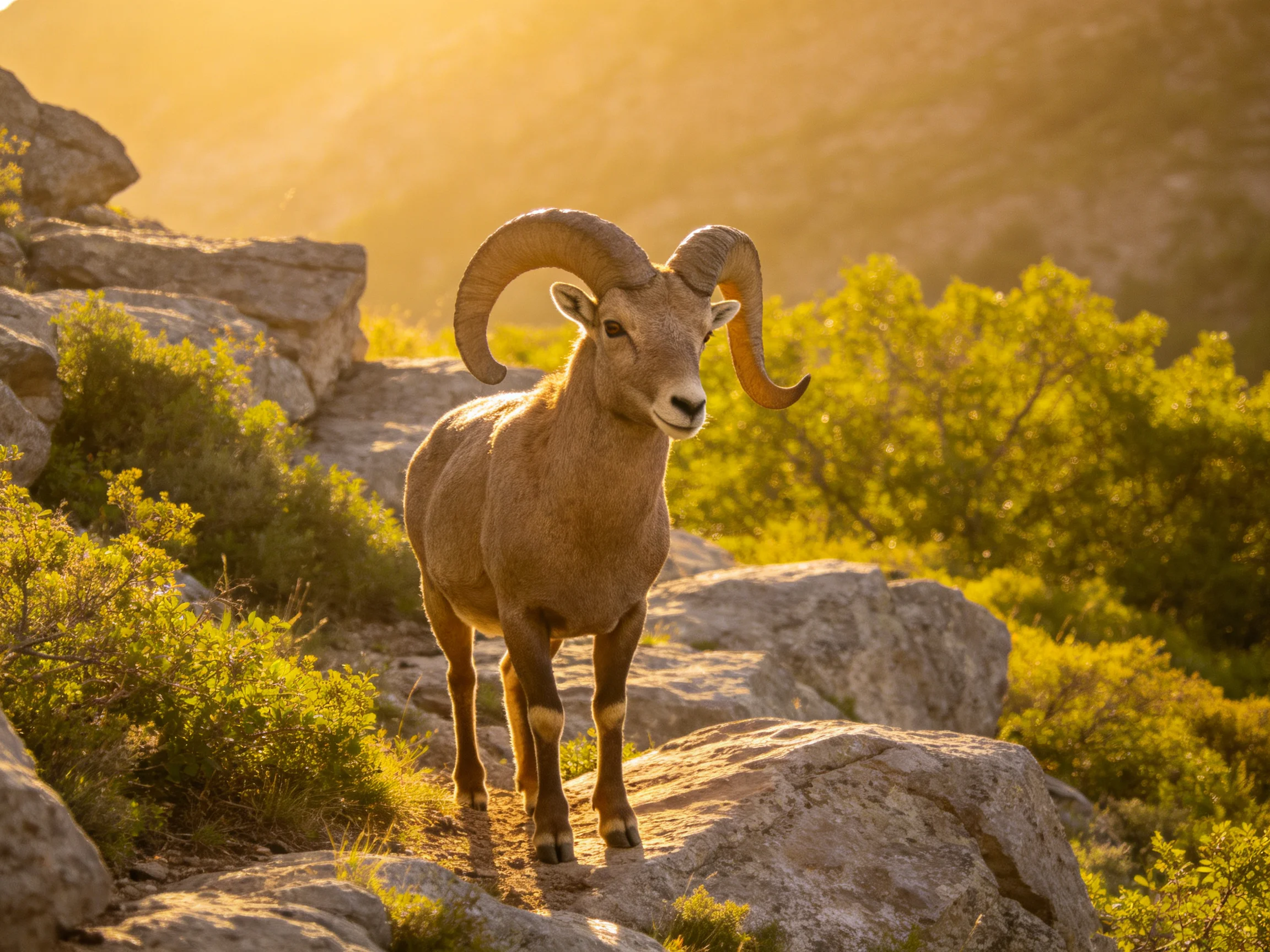 A large bighorn sheep stands on rocky terrain in golden light.