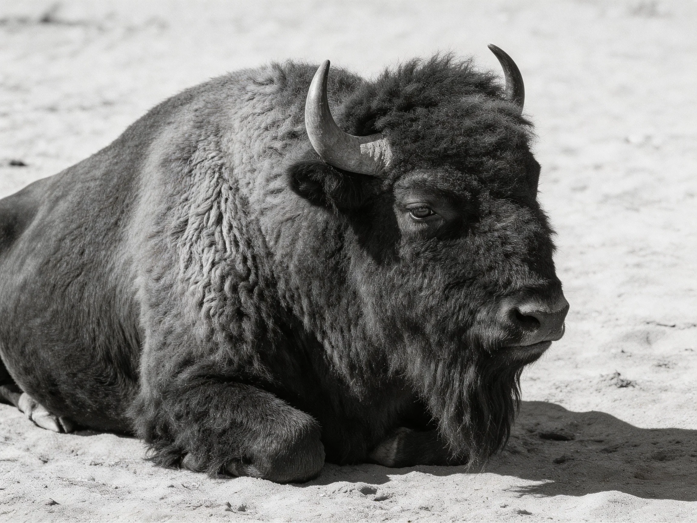A large bison rests on sandy terrain with thick fur and curved horns