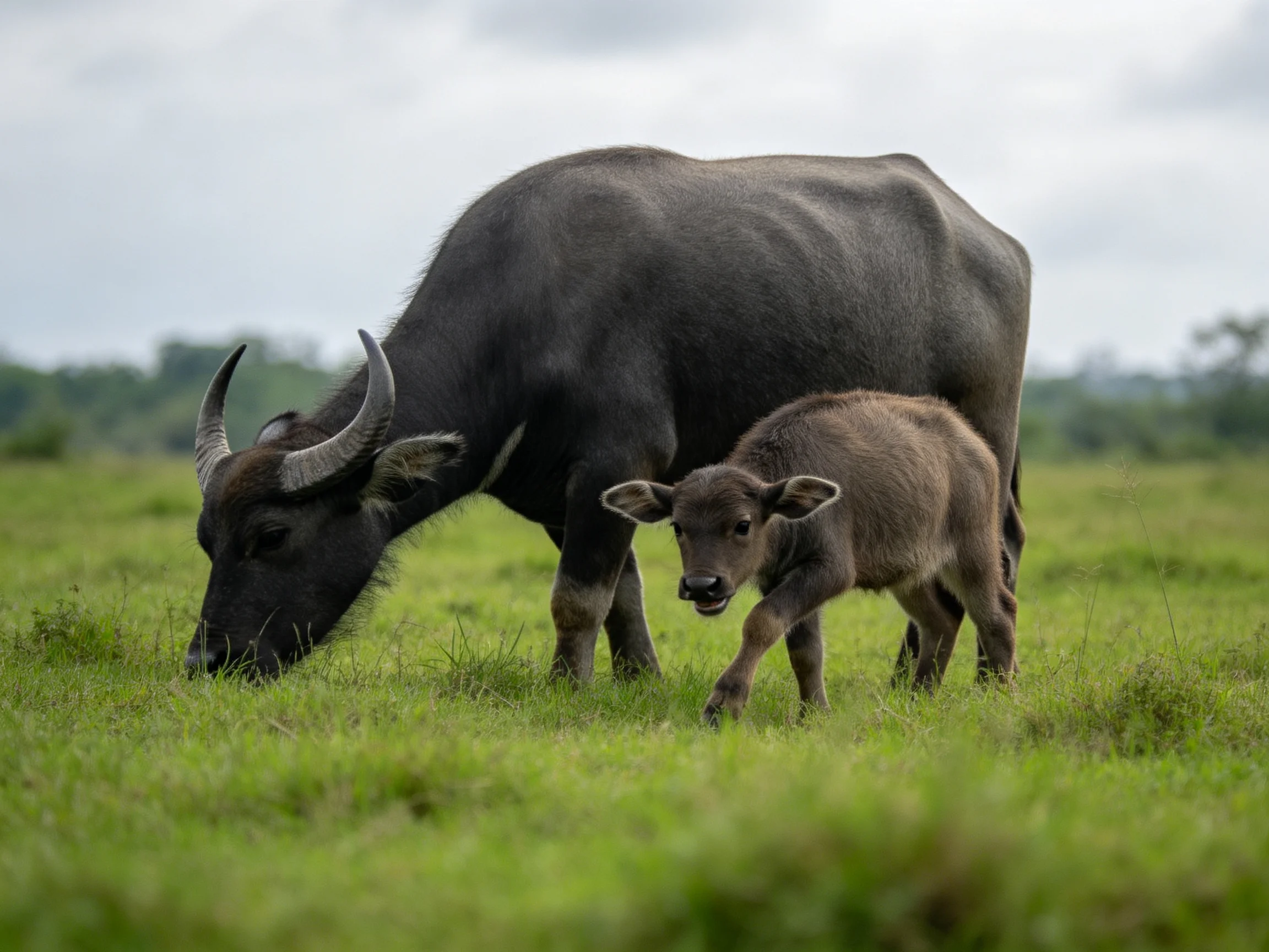 A large black buffalo and small brown calf graze in a lush green meadow