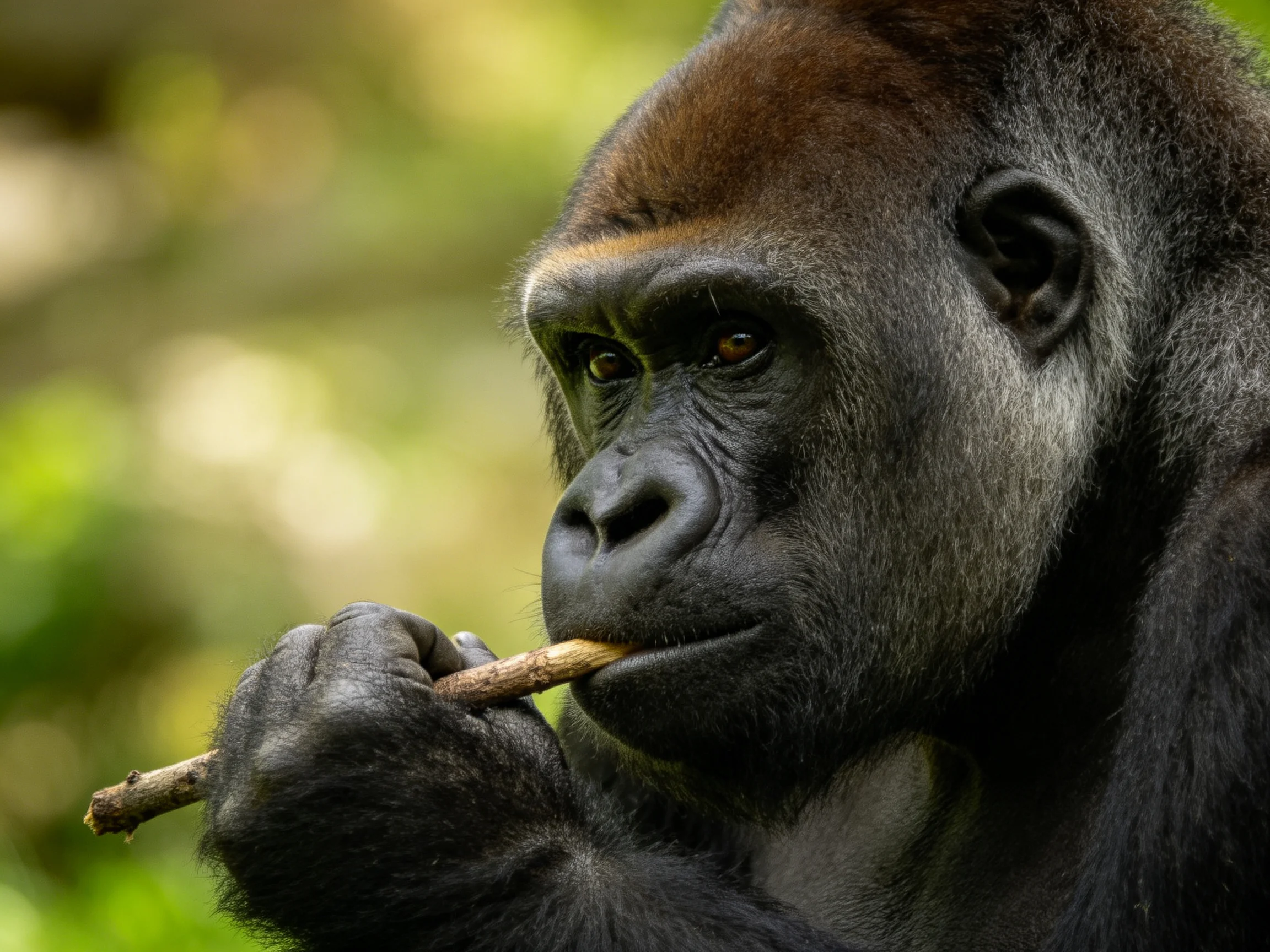 A large black-furred gorilla holds a thin stick in a green forest environment.