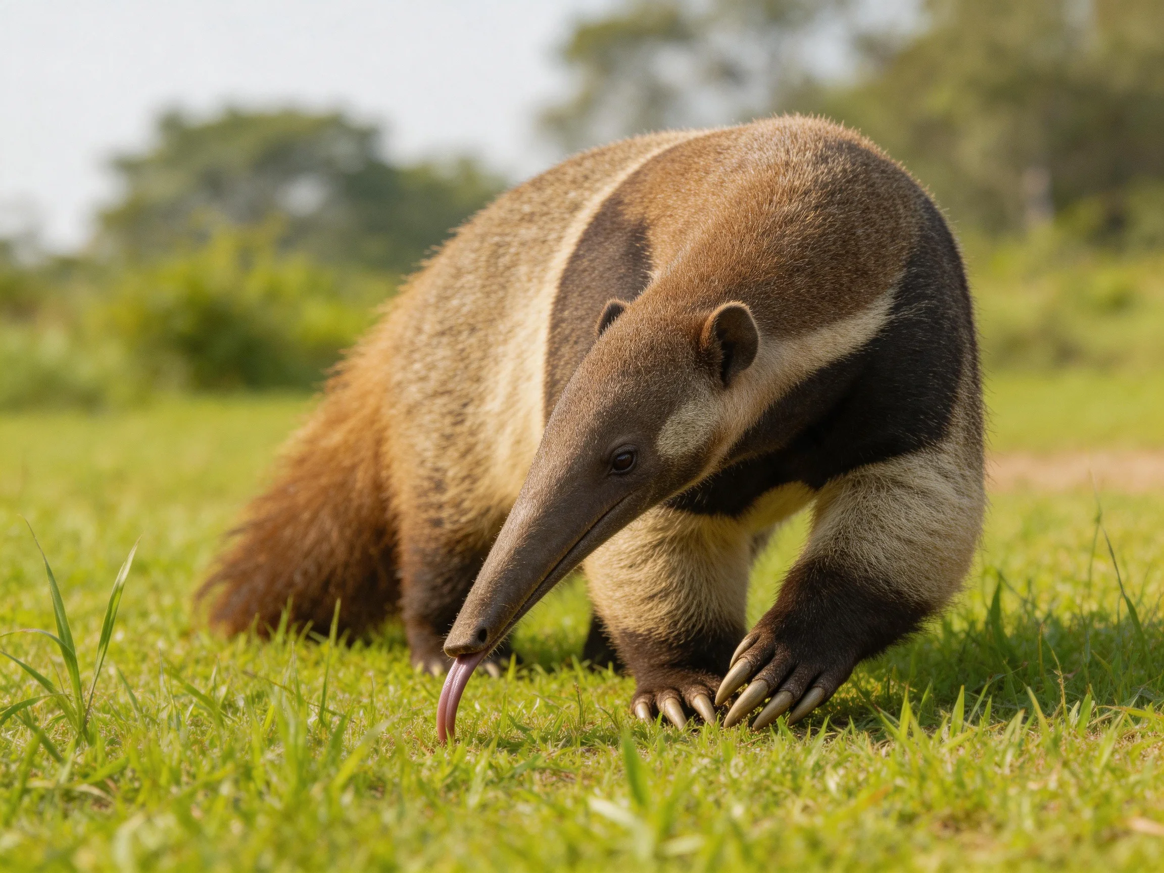 An anteater extends its tongue while exploring a sunlit grassy area.