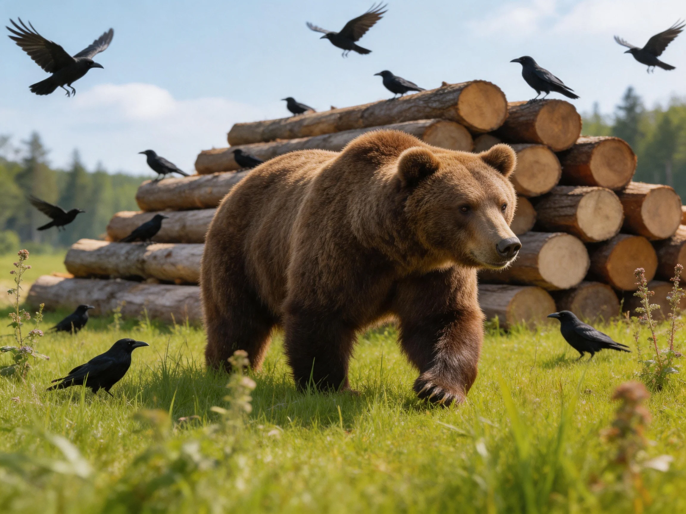 A large brown bear among black crows near stacked wooden logs