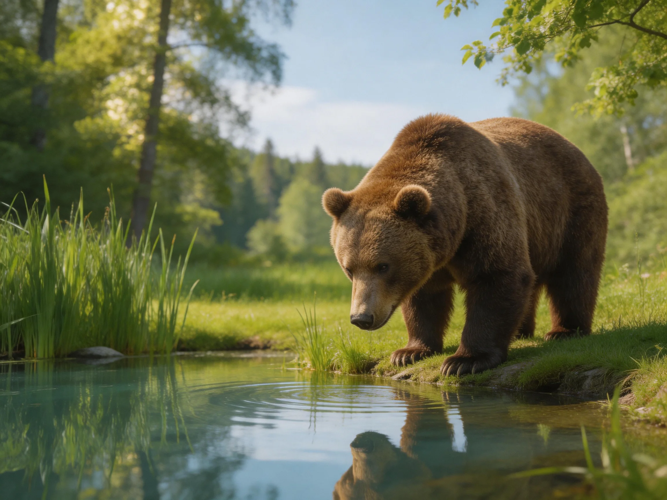 A large brown bear explores a lush green forest streamside