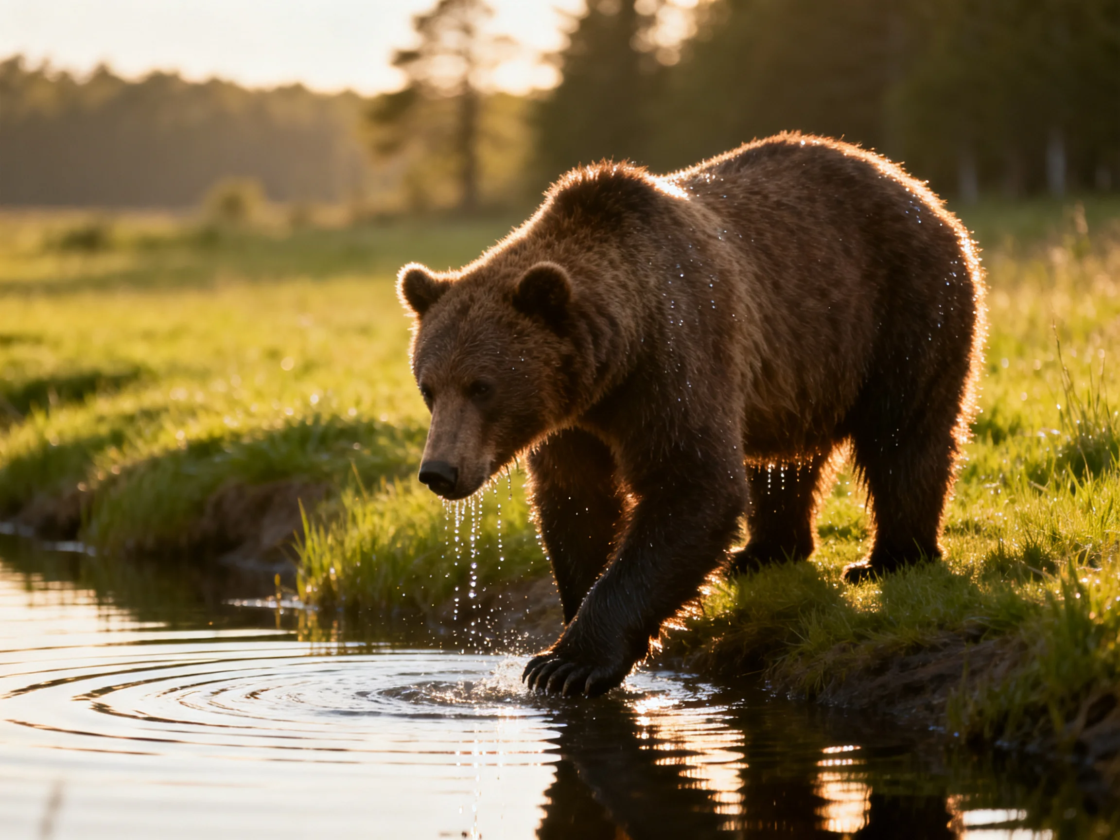 A large brown bear explores a sunlit grassy streambank