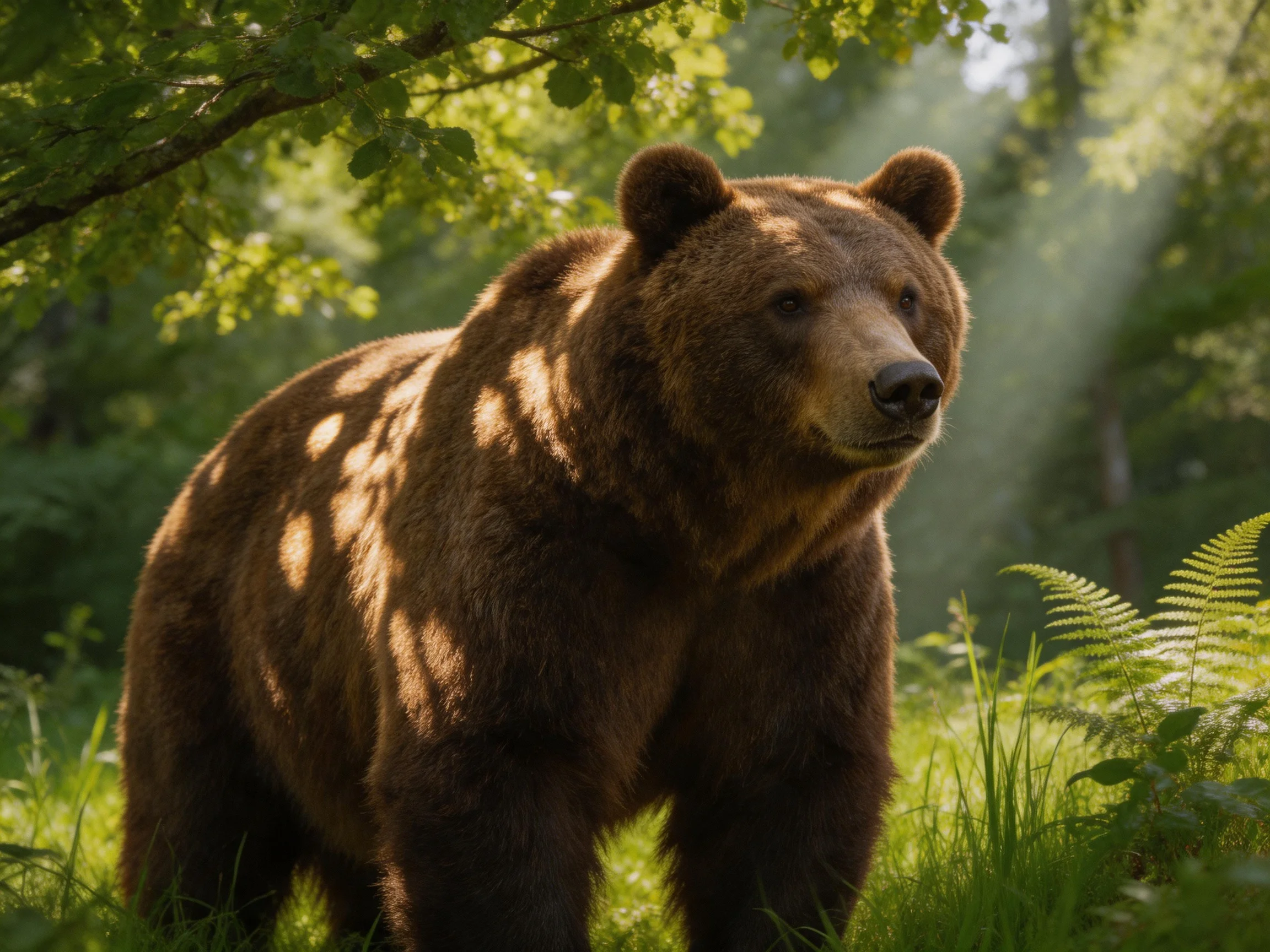 A large brown bear in a sun-dappled forest clearing