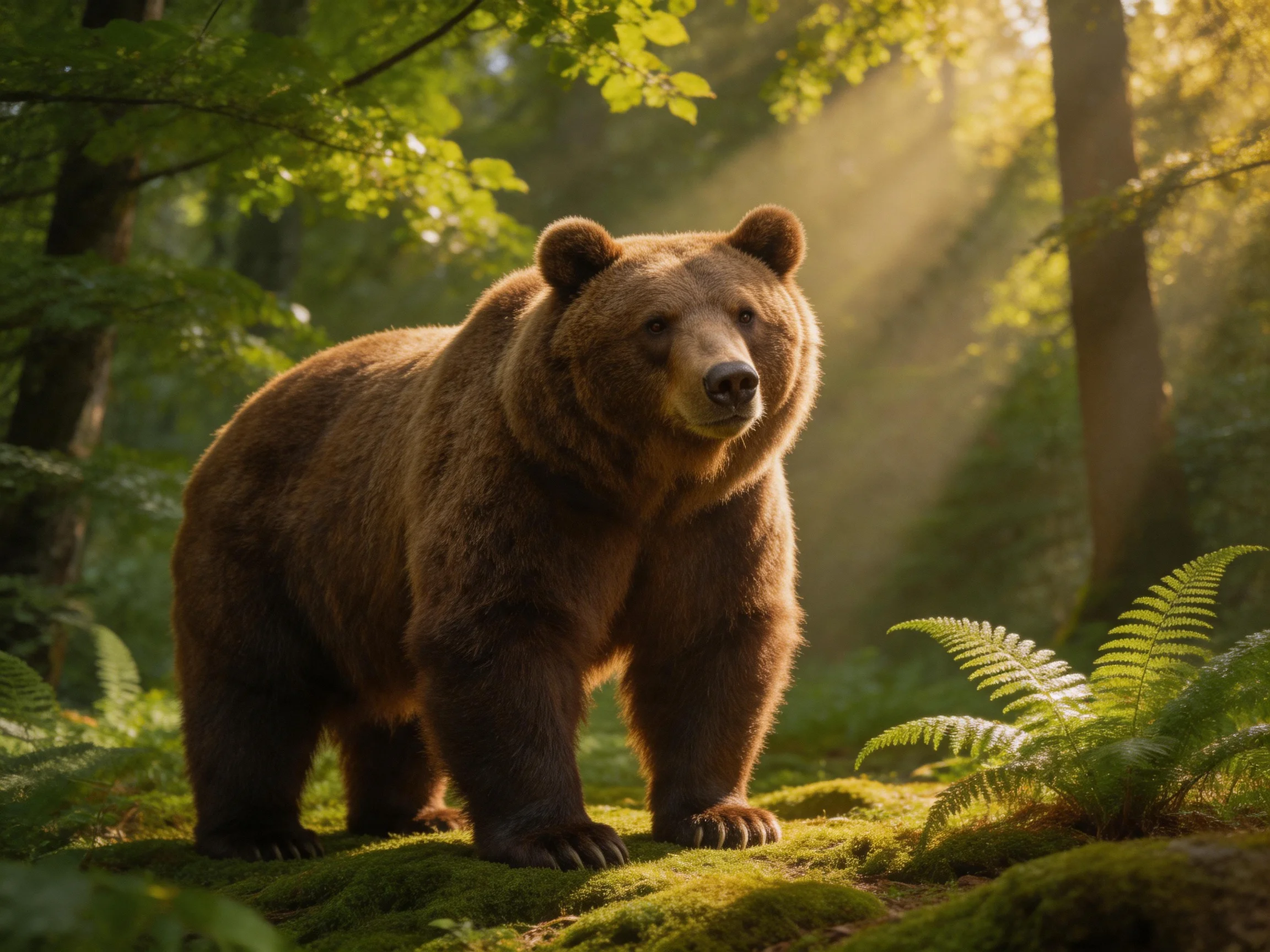 A large brown bear in a sun-dappled forest with lush greenery