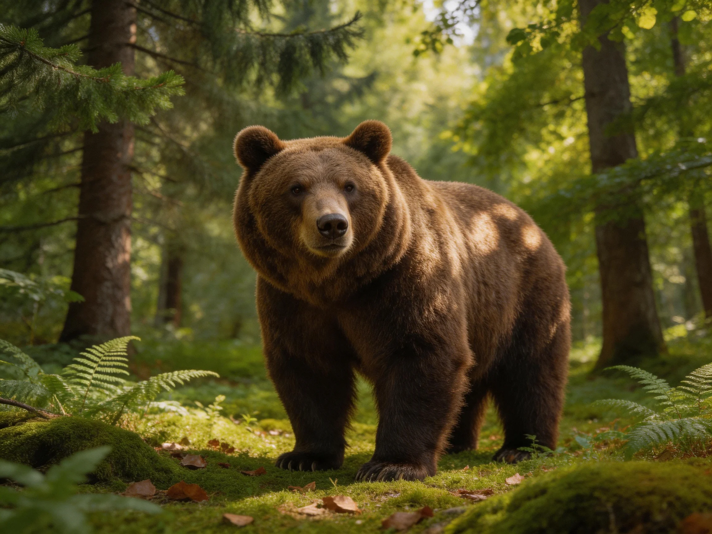 A large brown bear in a sun-dappled green forest